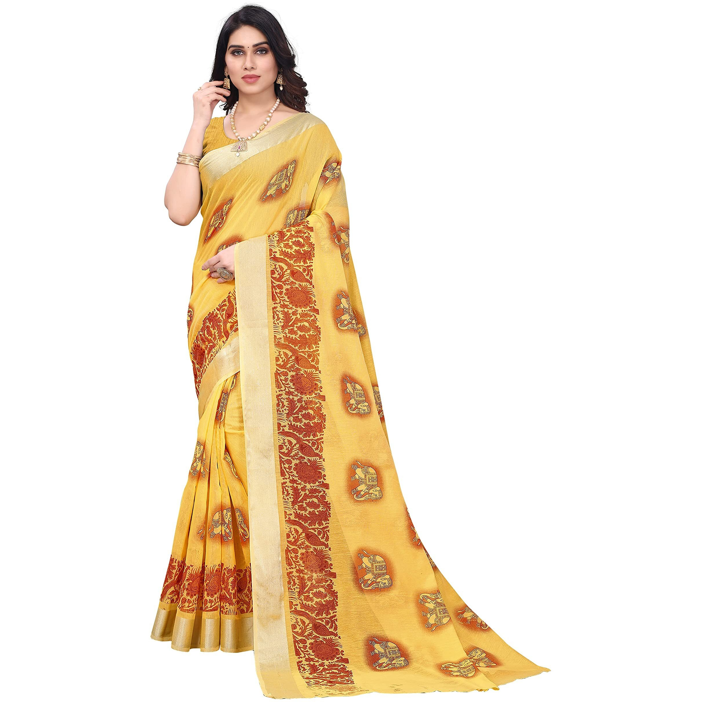 Sidhidata Womens Printed Cotton Linen Saree With Unstitched Blouse Piece (Chamgadar-Pista_Pista_Free Size)