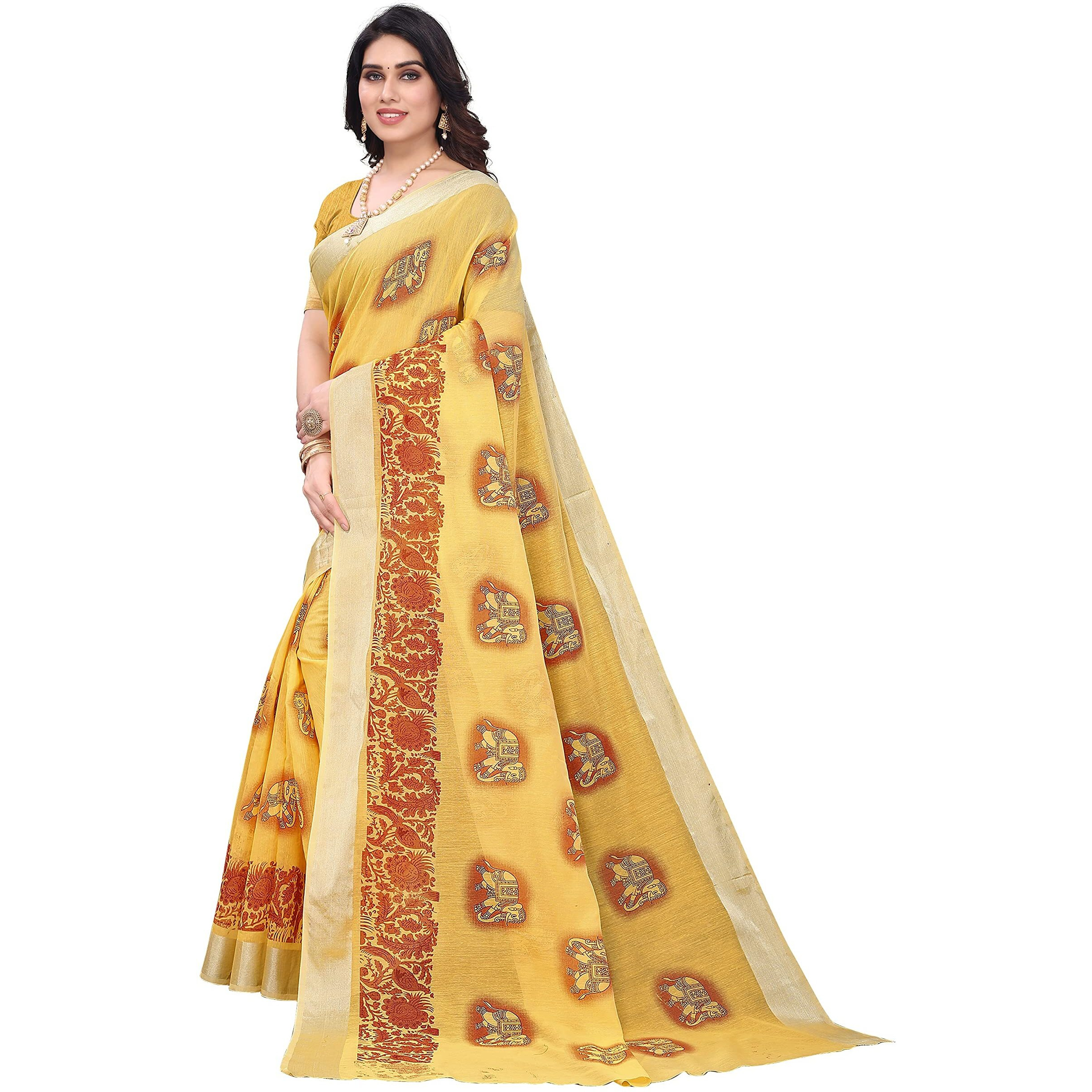 Sidhidata Womens Printed Cotton Linen Saree With Unstitched Blouse Piece (Chamgadar-Pista_Pista_Free Size)