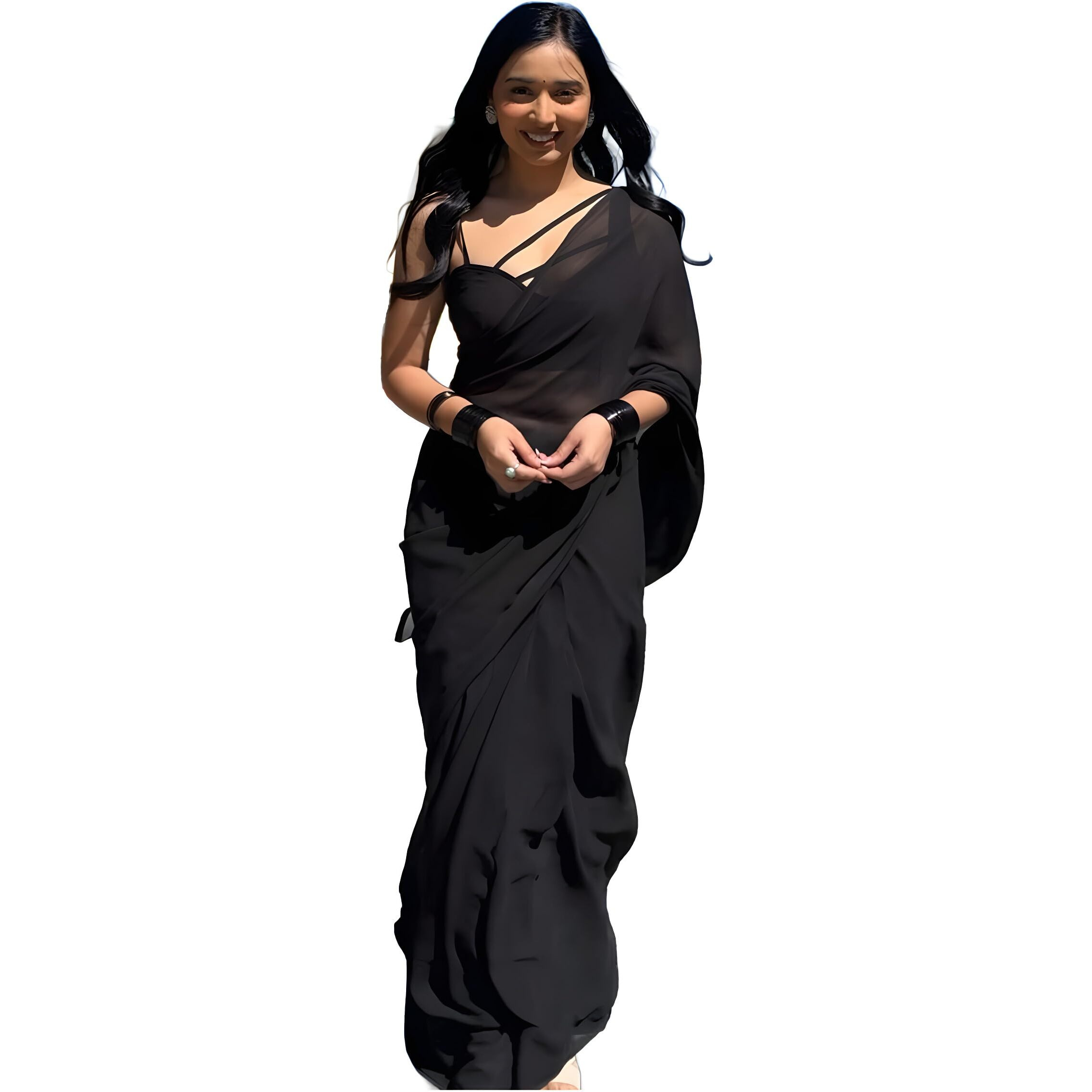 Stylescope Womens Plain Georgette Ready To Wear One Minute Saree With Unstitched Blouse Piece (Kalki Black_Black_Free Size)
