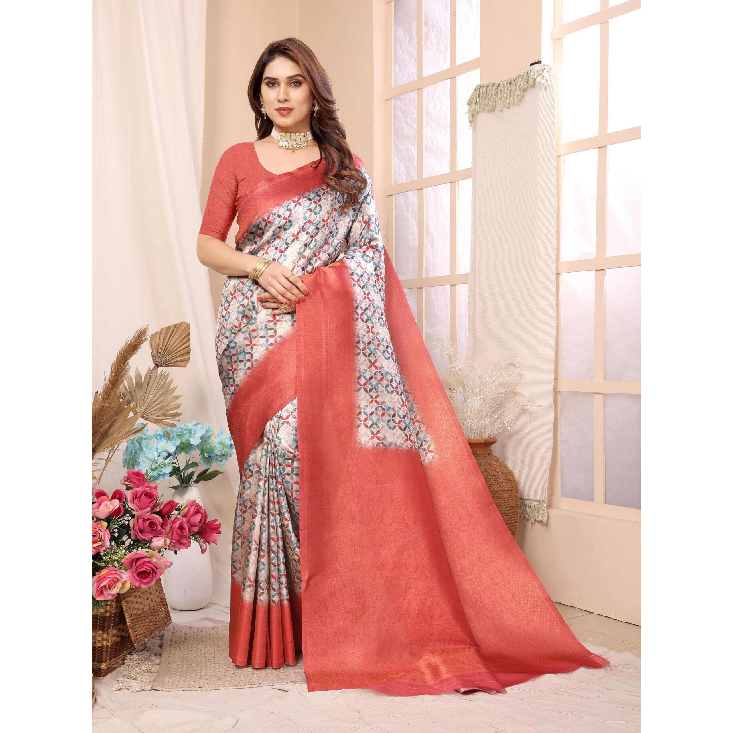 Sidhidata Womens Kanjivaram Banarasi Softy Soft Silk Saree With Unstitched Blouse Piece (Softy) (Red)