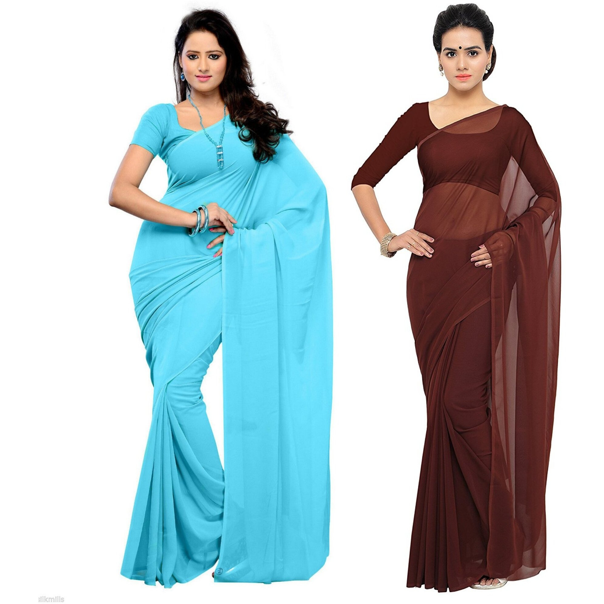 Sidhidata Womens Pure Georgette Saree With Blouse Piece (Pack of 2) (combo plain 719-coffee_Sky Blue & Coffee), Free Size