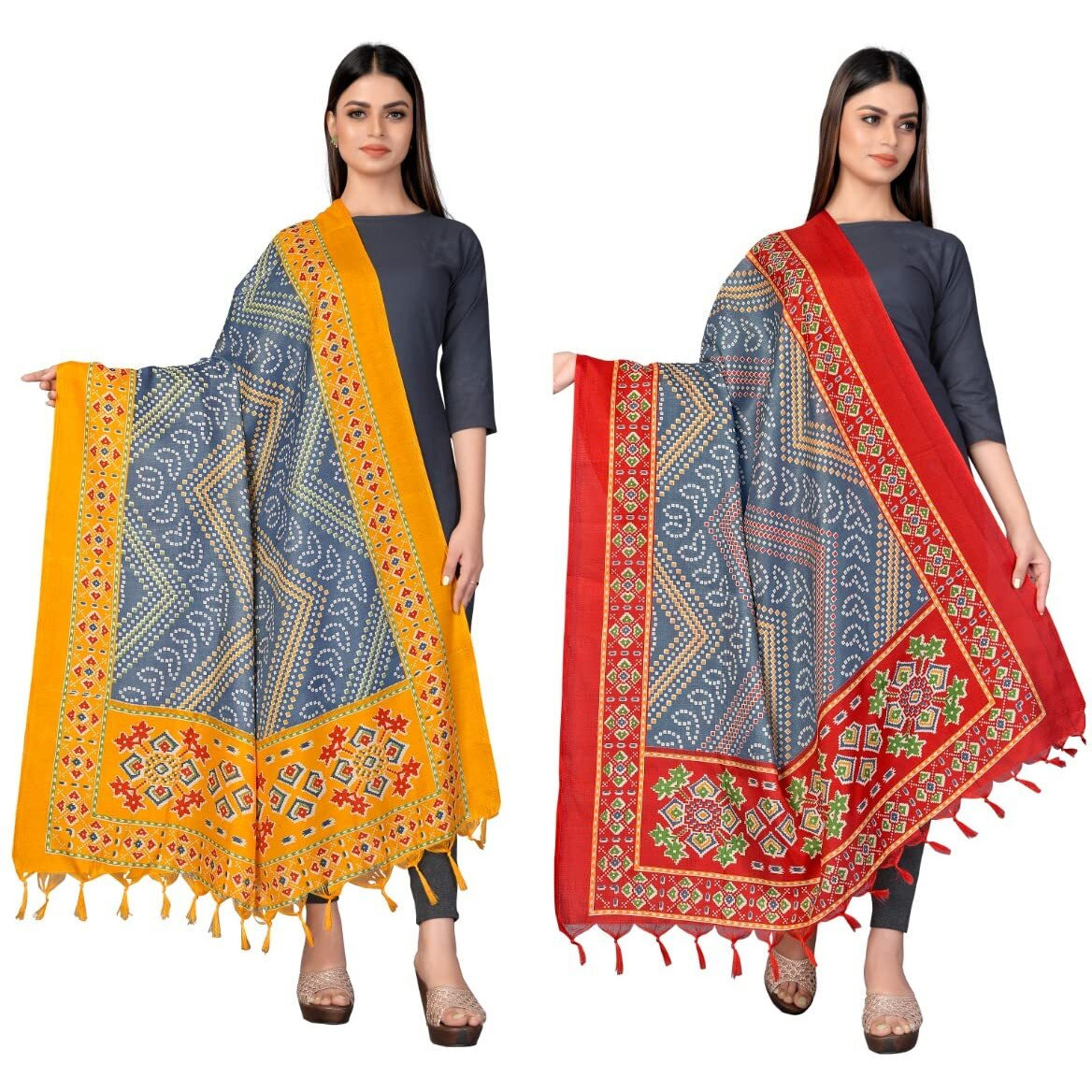 Sidhidata Womens Pack of 2 Printed Khadi Cotton Silk Dupatta With Tassels (2.25 Mtr_MultiColour)