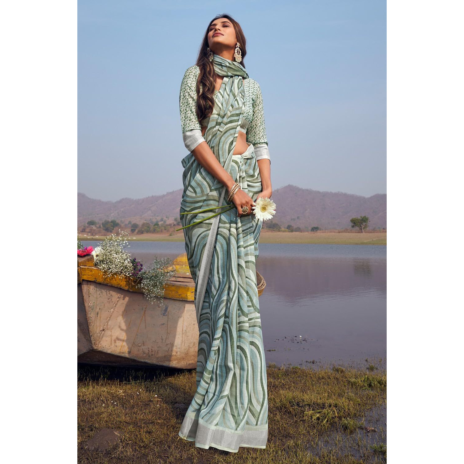Sidhidata Womens Printed Linen Cotton Saree With Unstitched Blouse Piece (ST Safira Seagreen_Seagreen_Free Size)