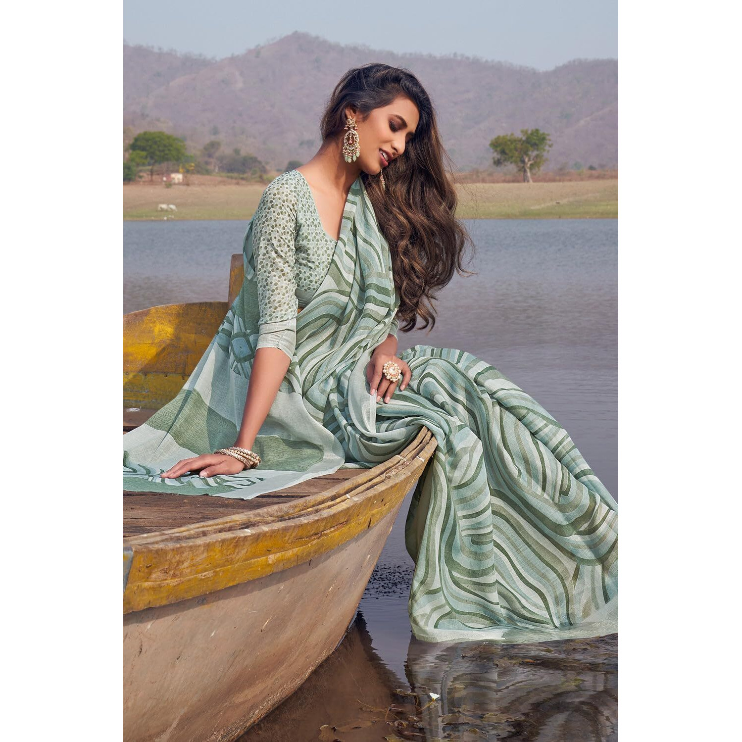 Sidhidata Womens Printed Linen Cotton Saree With Unstitched Blouse Piece (ST Safira Seagreen_Seagreen_Free Size)