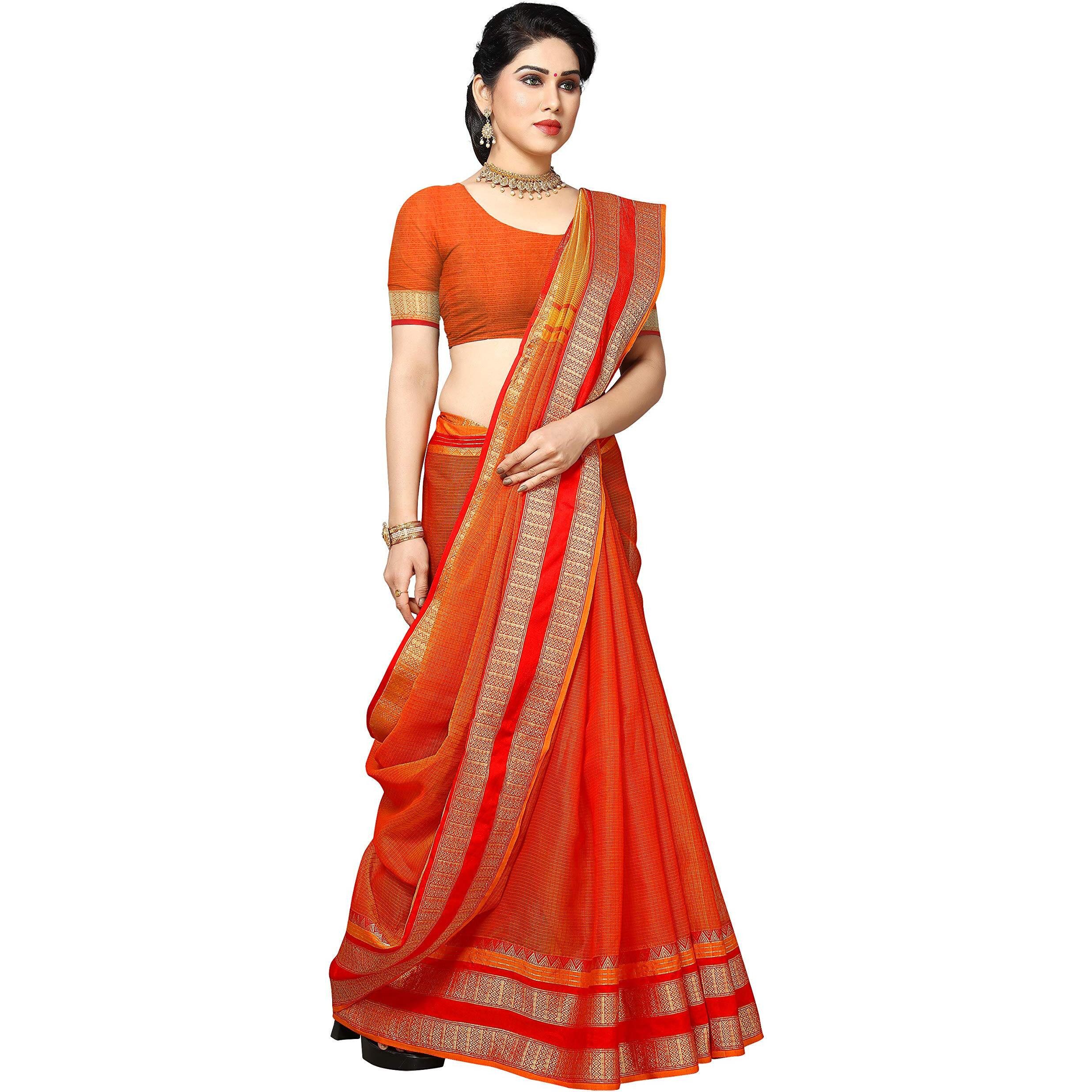 Sidhidata Womens Temple Border Kota Doria Cotton Manipuri Saree With Unstiched Blouse Piece (Kangana orange1_Orange_Free Size)