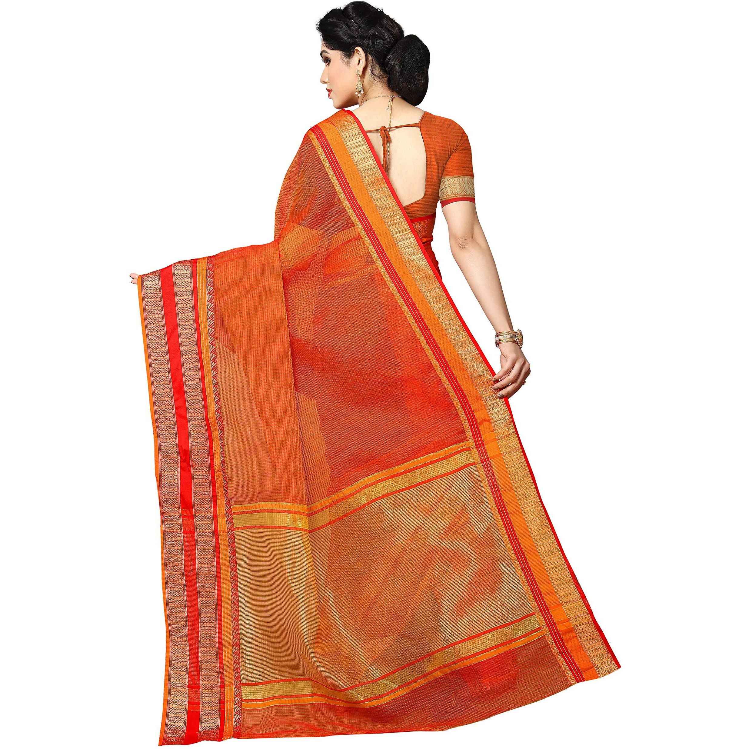 Sidhidata Womens Temple Border Kota Doria Cotton Manipuri Saree With Unstiched Blouse Piece (Kangana orange1_Orange_Free Size)