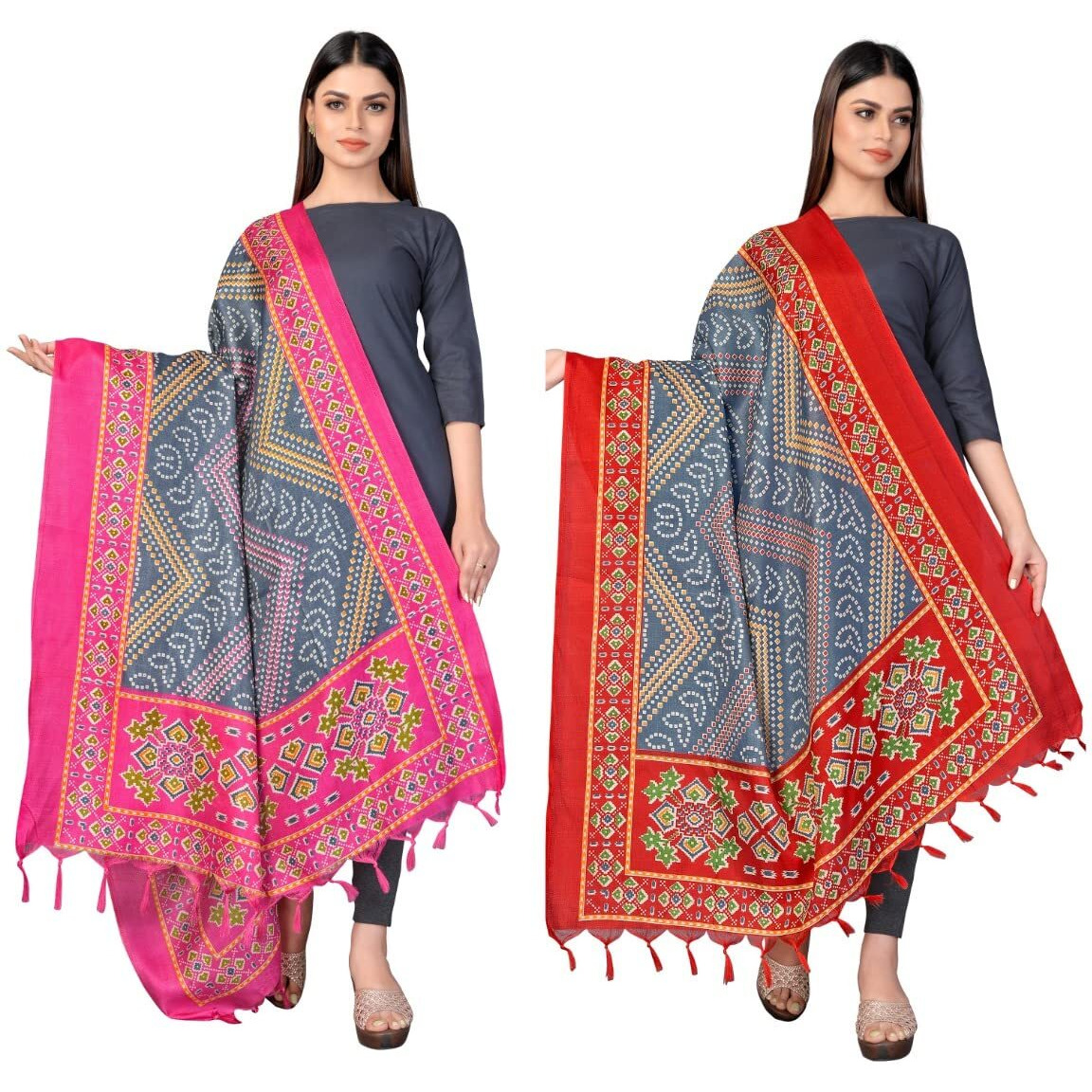 Sidhidata Womens Pack of 2 Printed Khadi Cotton Silk Dupatta With Tassels (2.25 Mtr_MultiColour)