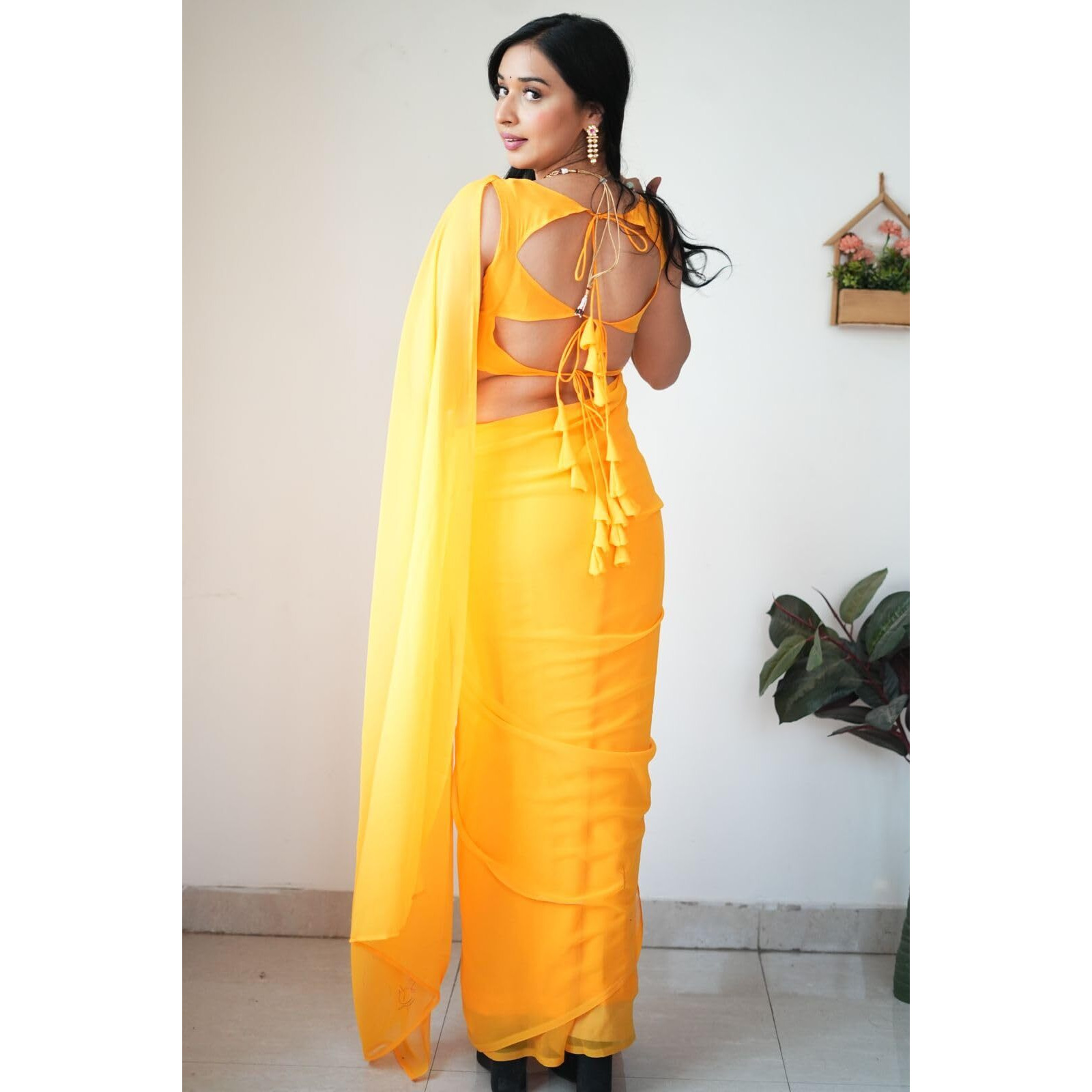 Stylescope Womens Plain Georgette Ready To Wear One Minute Saree With Unstitched Blouse Piece (Kalki Gold_Gold_Free Size)
