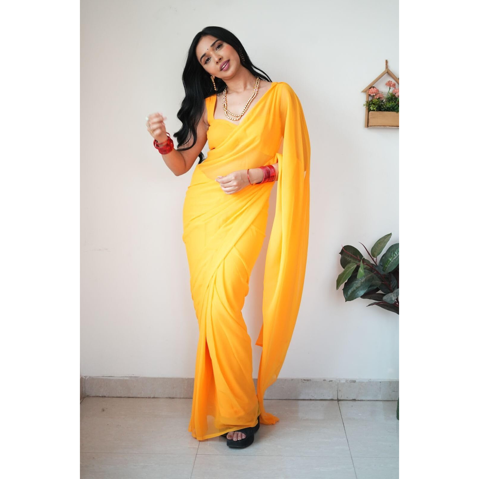 Stylescope Womens Plain Georgette Ready To Wear One Minute Saree With Unstitched Blouse Piece (Kalki Gold_Gold_Free Size)