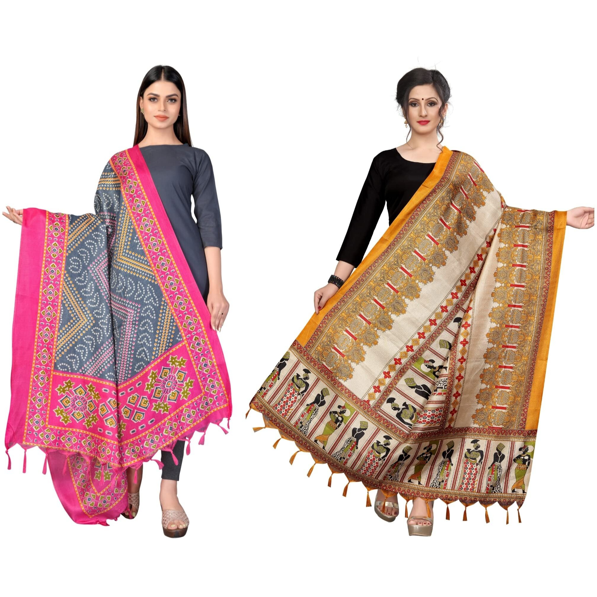 Sidhidata Womens Pack of 2 Printed Khadi Cotton Silk Dupatta With Tassels (2.25 Mtr_MultiColour)