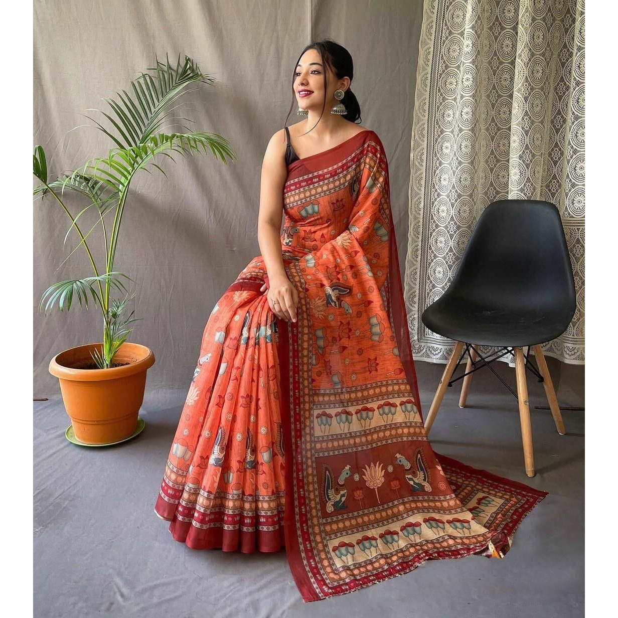 Sidhidata Womens Printed Chanderi Cotton Saree With Unstitched Blouse Piece (Duck Orange_Orange_Free Size)