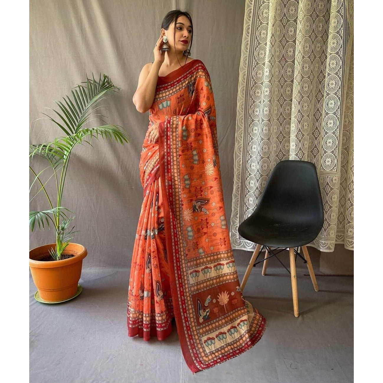 Sidhidata Womens Printed Chanderi Cotton Saree With Unstitched Blouse Piece (Duck Orange_Orange_Free Size)