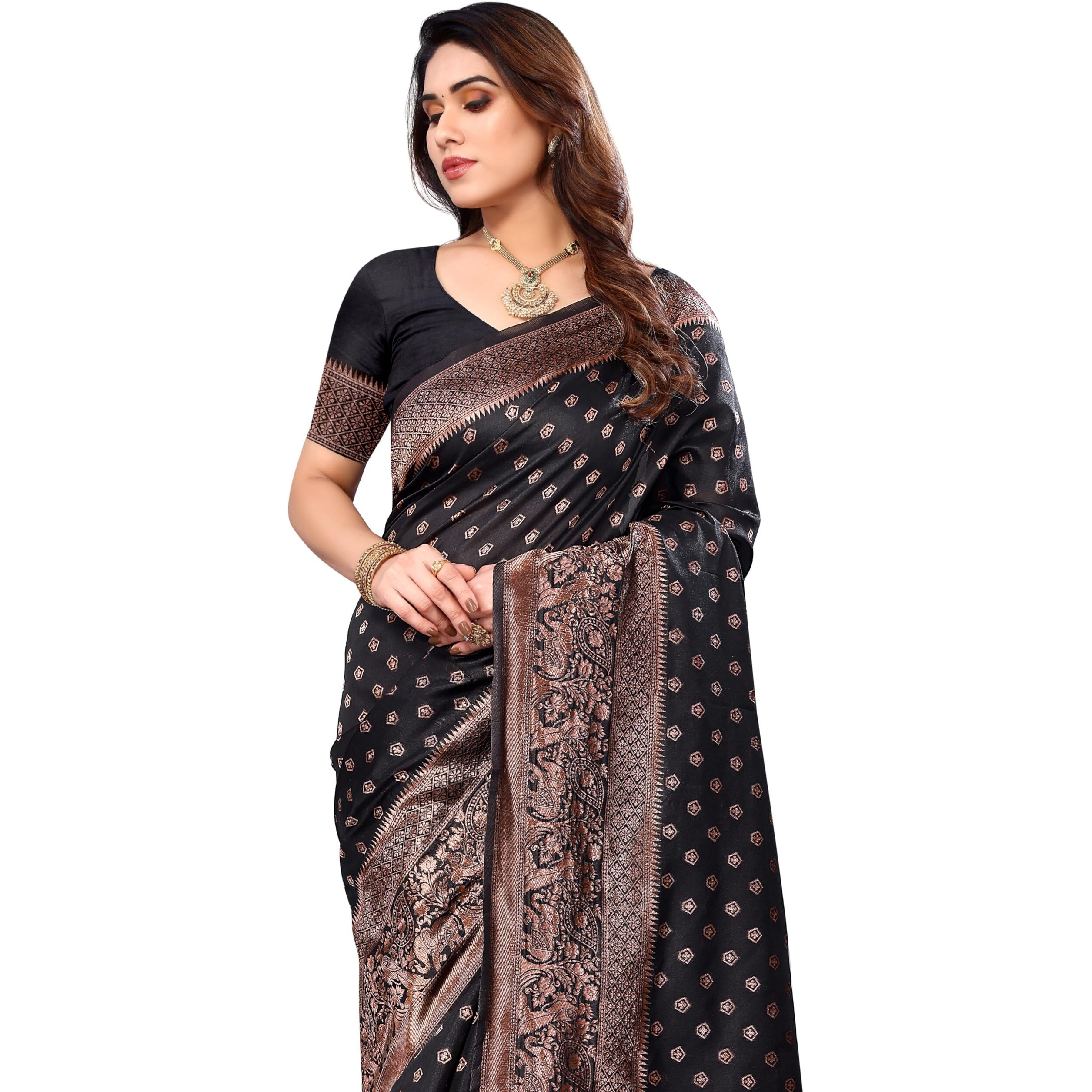 Sidhidata Womens Banarasi Jacquard Silk Saree With Unstitched Blouse Piece (Silk Pentagon Black_Black_Free Size)