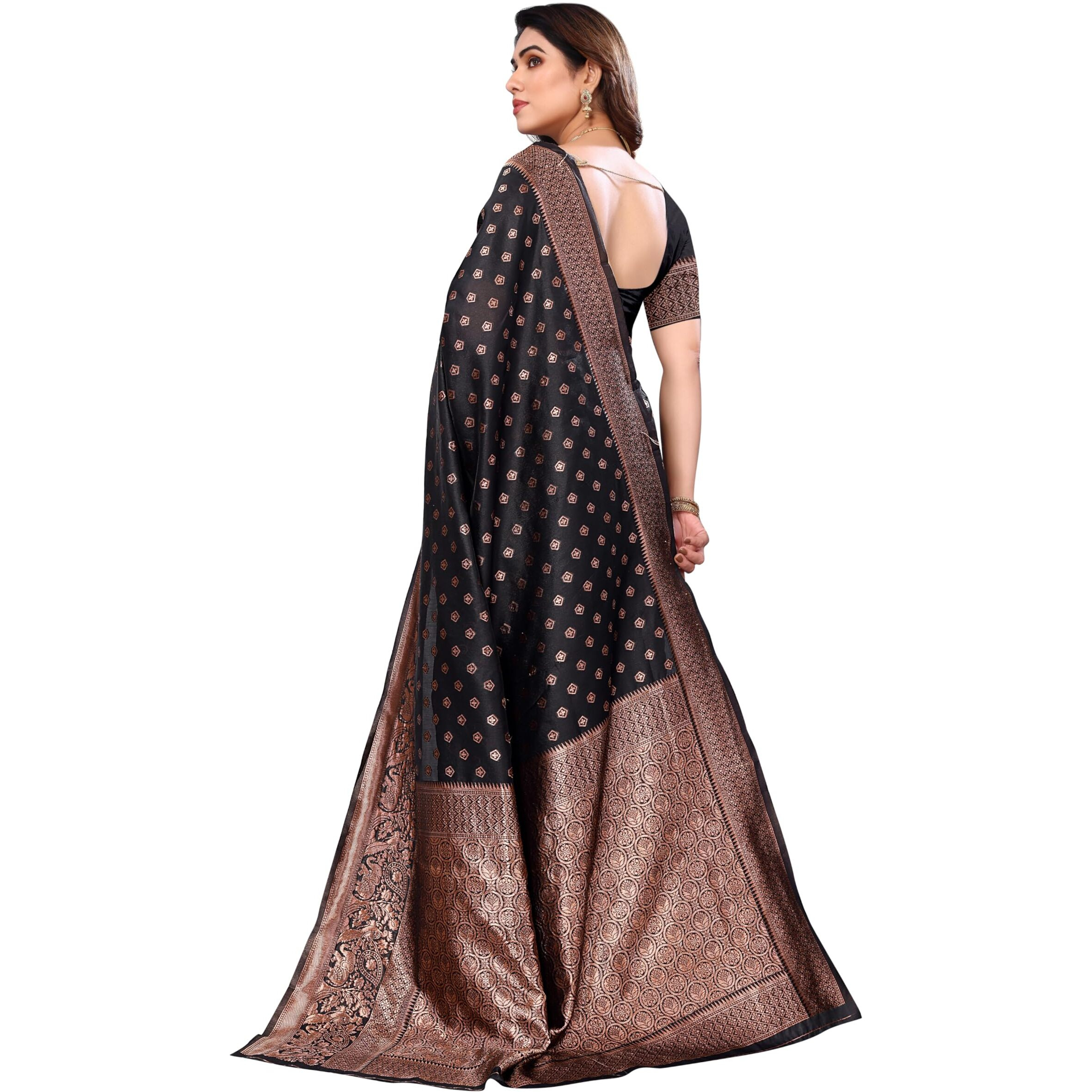 Sidhidata Womens Banarasi Jacquard Silk Saree With Unstitched Blouse Piece (Silk Pentagon Black_Black_Free Size)