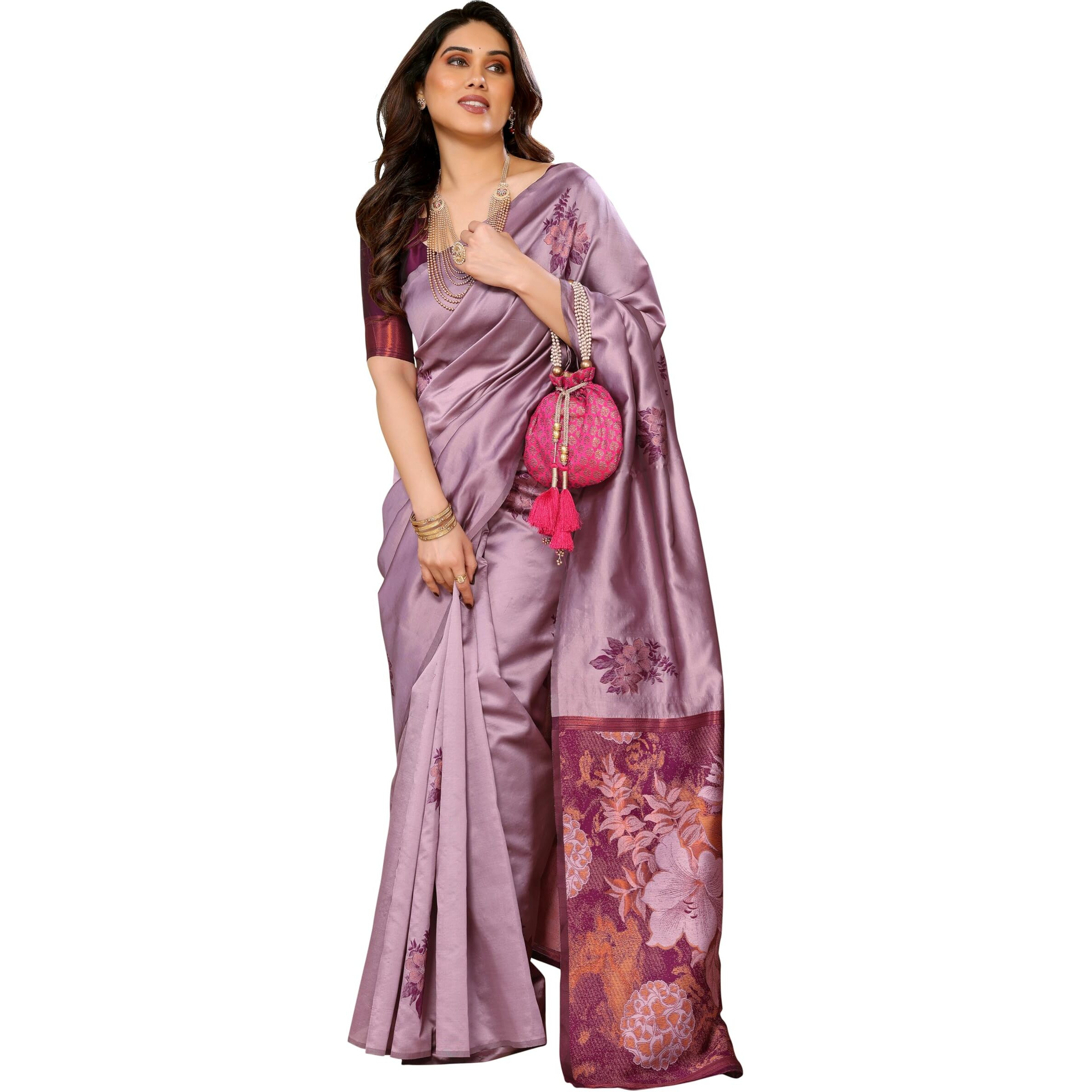 Sidhidata Womens Kanjivaram Banarasi Soft Silk Saree With Unstitched Blouse Piece (Silk Double Flower Onion_Onion_Free Size)