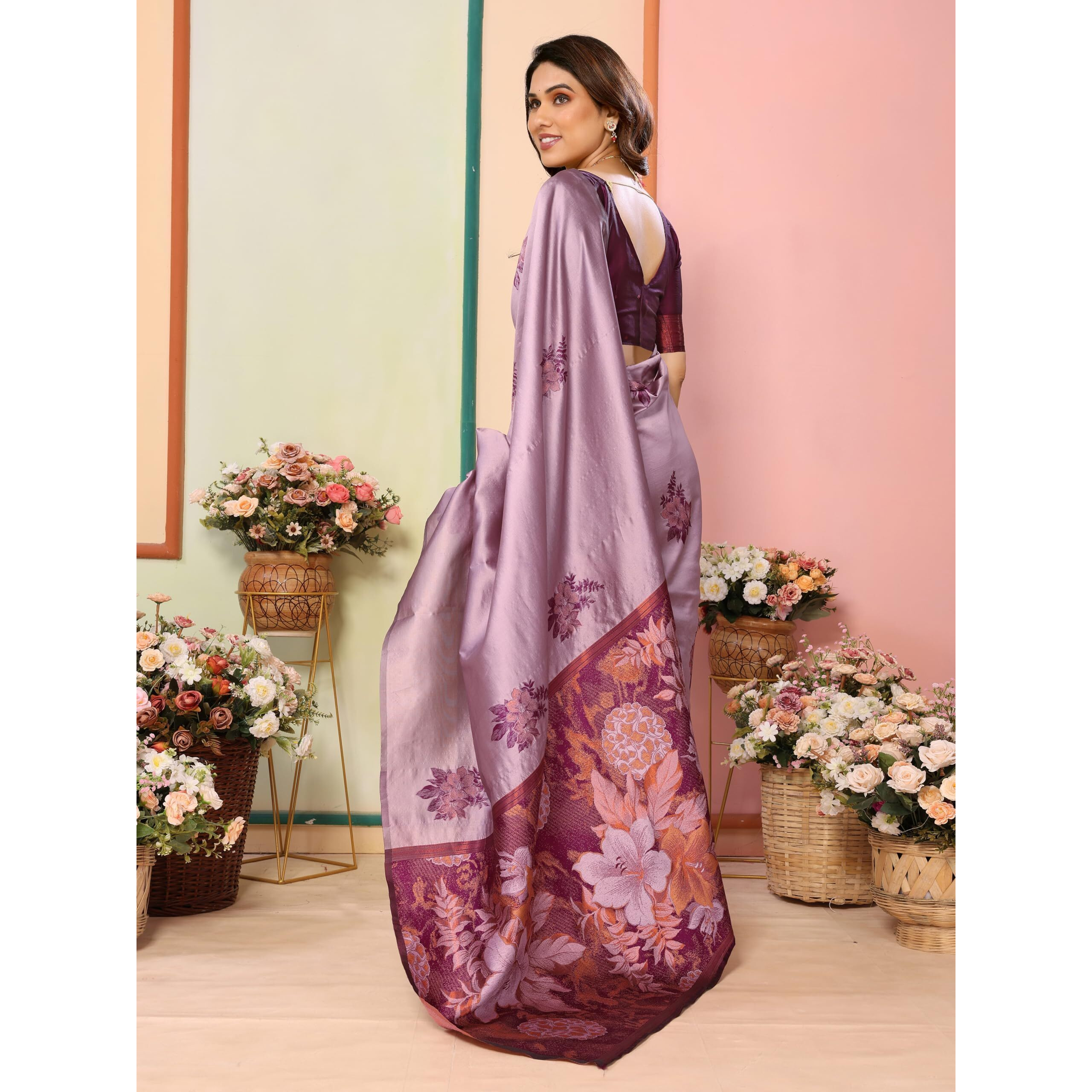 Sidhidata Womens Kanjivaram Banarasi Soft Silk Saree With Unstitched Blouse Piece (Silk Double Flower Onion_Onion_Free Size)