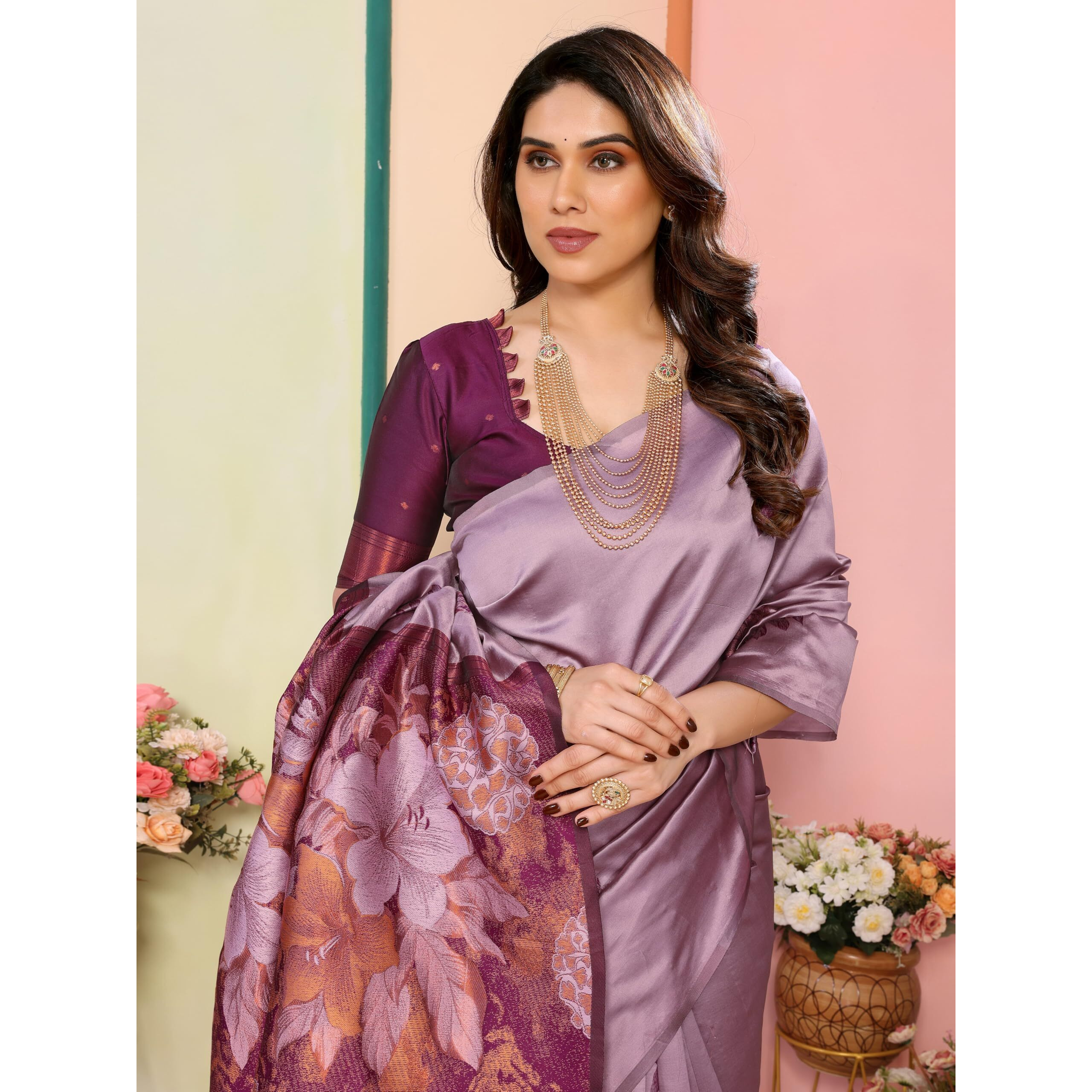 Sidhidata Womens Kanjivaram Banarasi Soft Silk Saree With Unstitched Blouse Piece (Silk Double Flower Onion_Onion_Free Size)