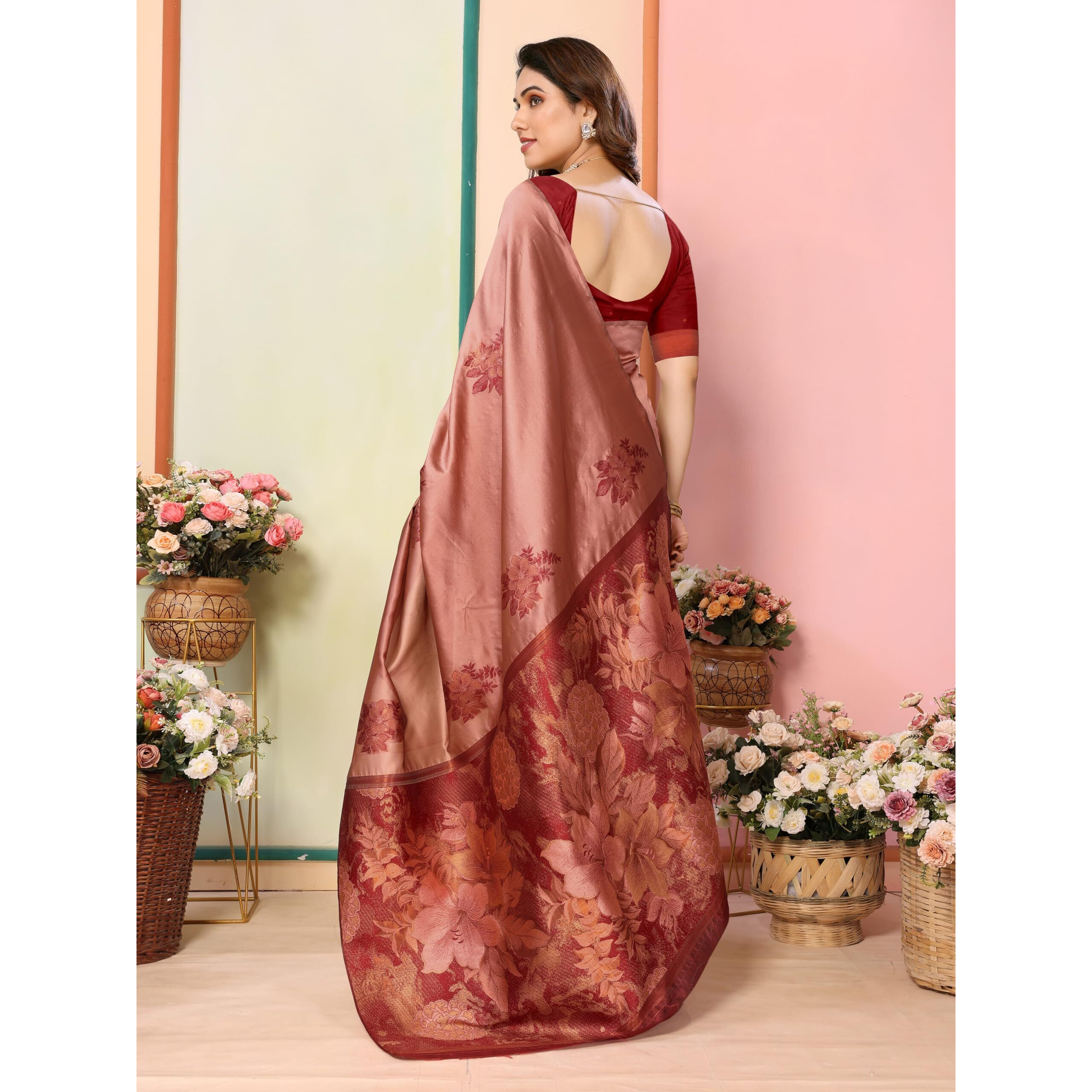 Sidhidata Womens Kanjivaram Banarasi Soft Silk Saree With Unstitched Blouse Piece (Silk Double Flower Peach_Peach_Free Size)