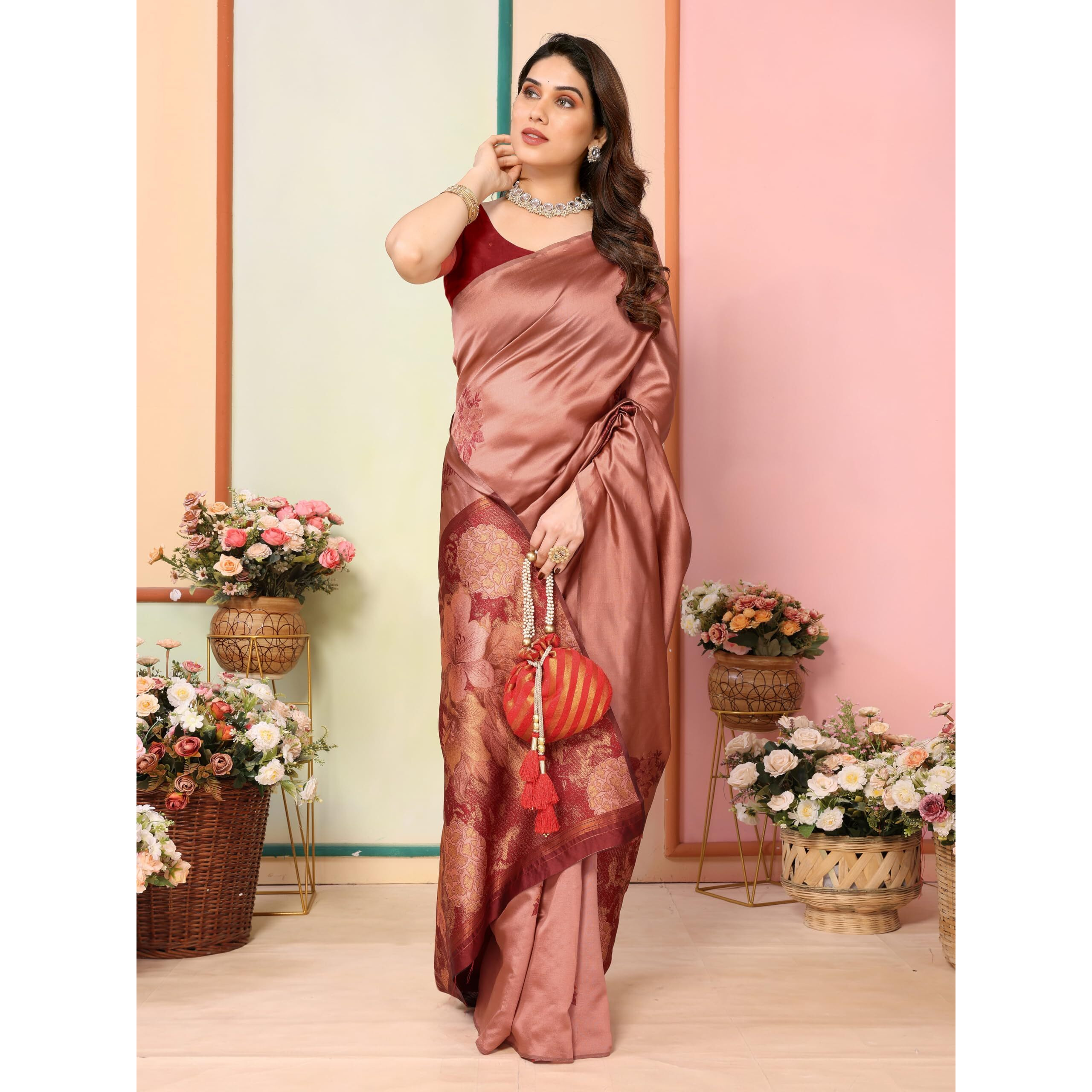 Sidhidata Womens Kanjivaram Banarasi Soft Silk Saree With Unstitched Blouse Piece (Silk Double Flower Peach_Peach_Free Size)