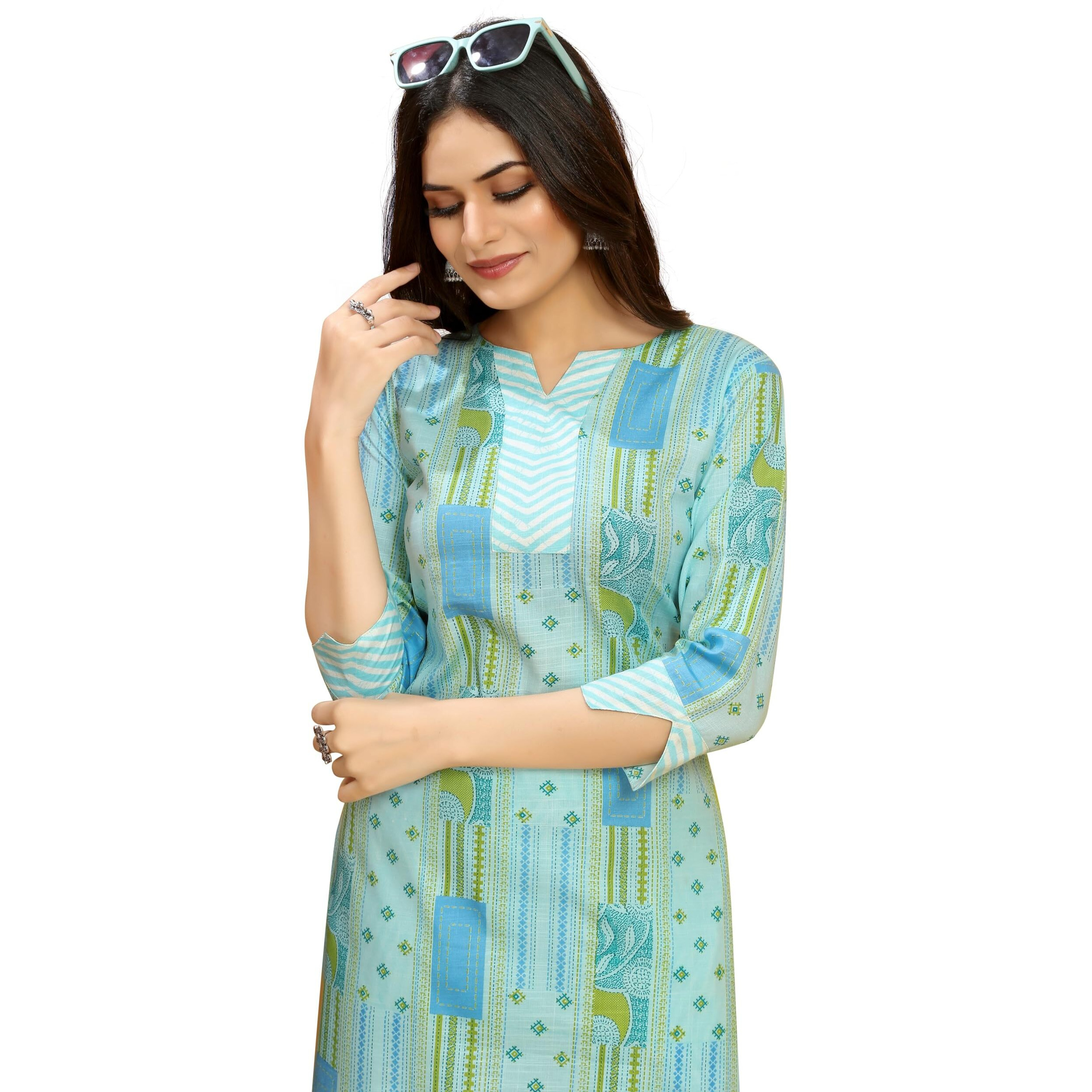 Sidhidata Womens Cotton Blend Printed Kurta Pant and Dupatta Set (KP Stitch Light Blue_XL_Light Blue_Extra Large)