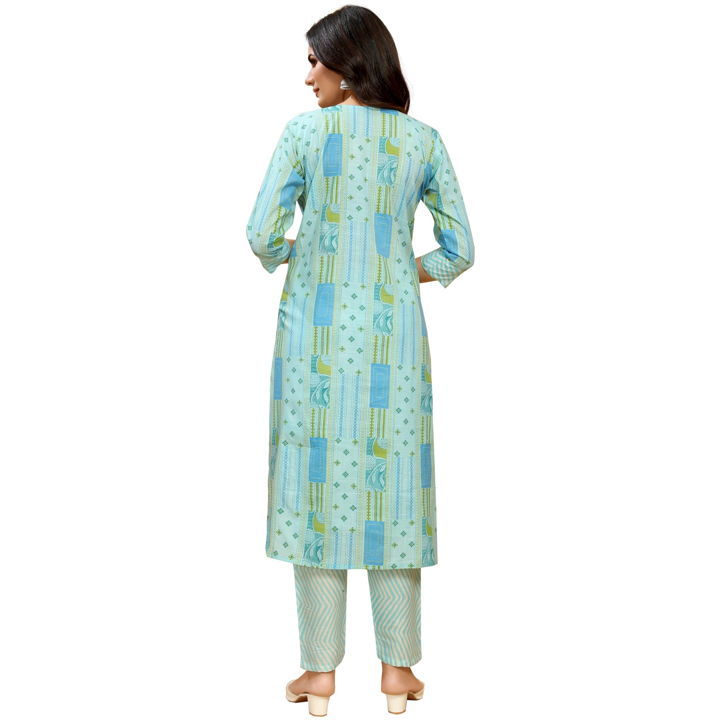 Sidhidata Womens Cotton Blend Printed Kurta Pant and Dupatta Set (KP Stitch Light Blue_XL_Light Blue_Extra Large)