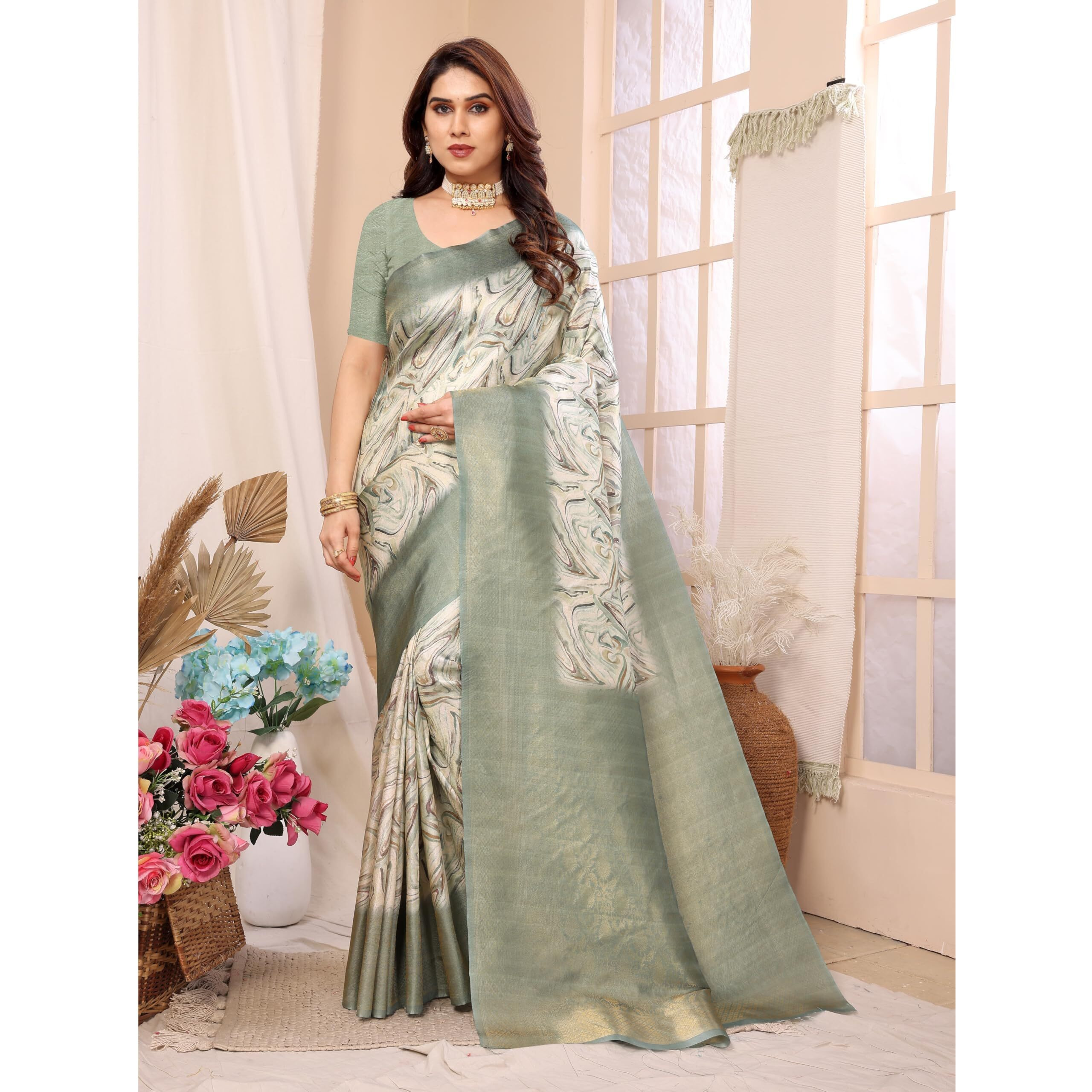 Sidhidata Womens Kanjivaram Banarasi Softy Soft Silk Saree With Unstitched Blouse Piece (Softy Leo_Multicolour_Free Size)