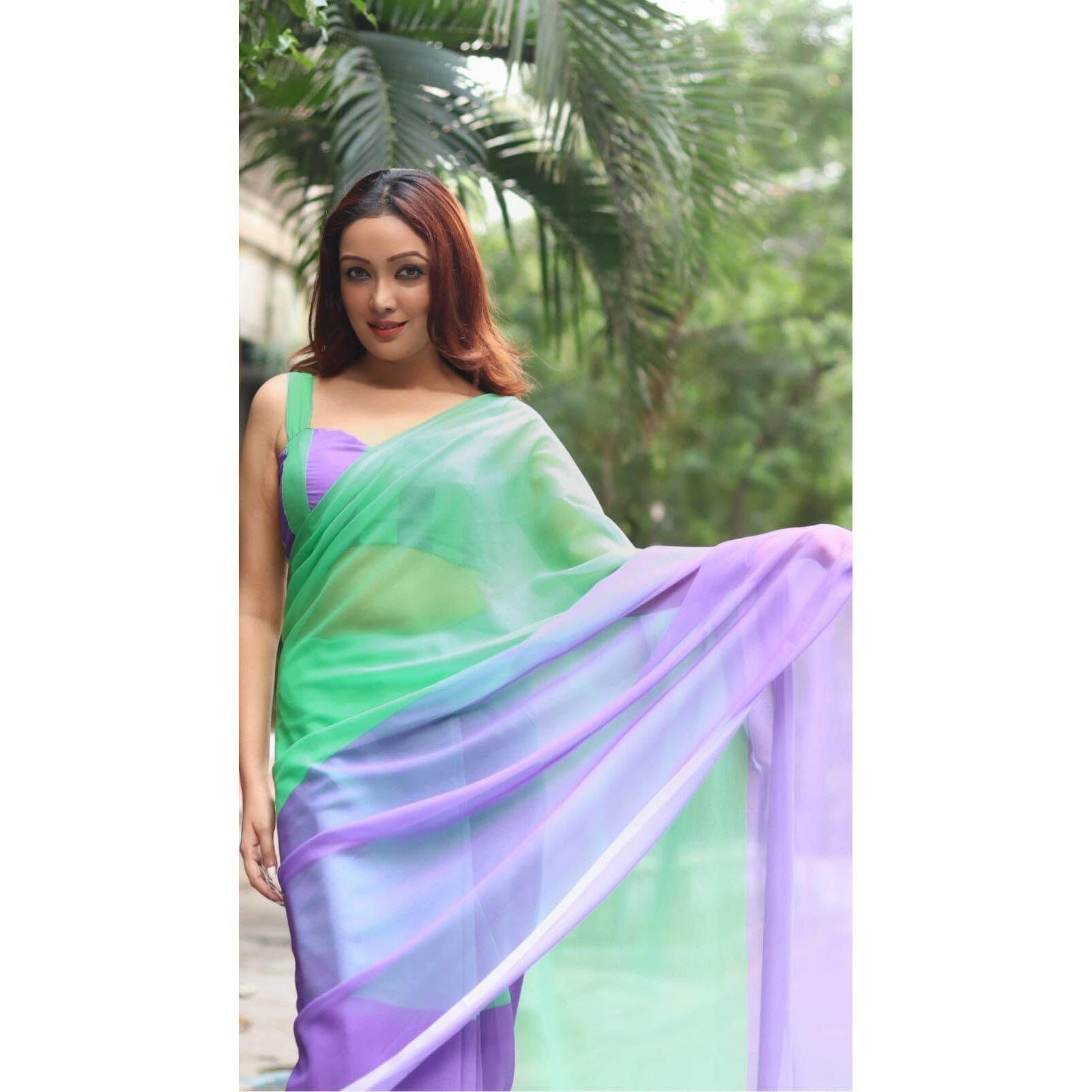 Sidhidata Womens Printed Pure Georgette Saree With Unstitched Blouse Piece (Alia Pista-Purple_Multicolour_Free Size)