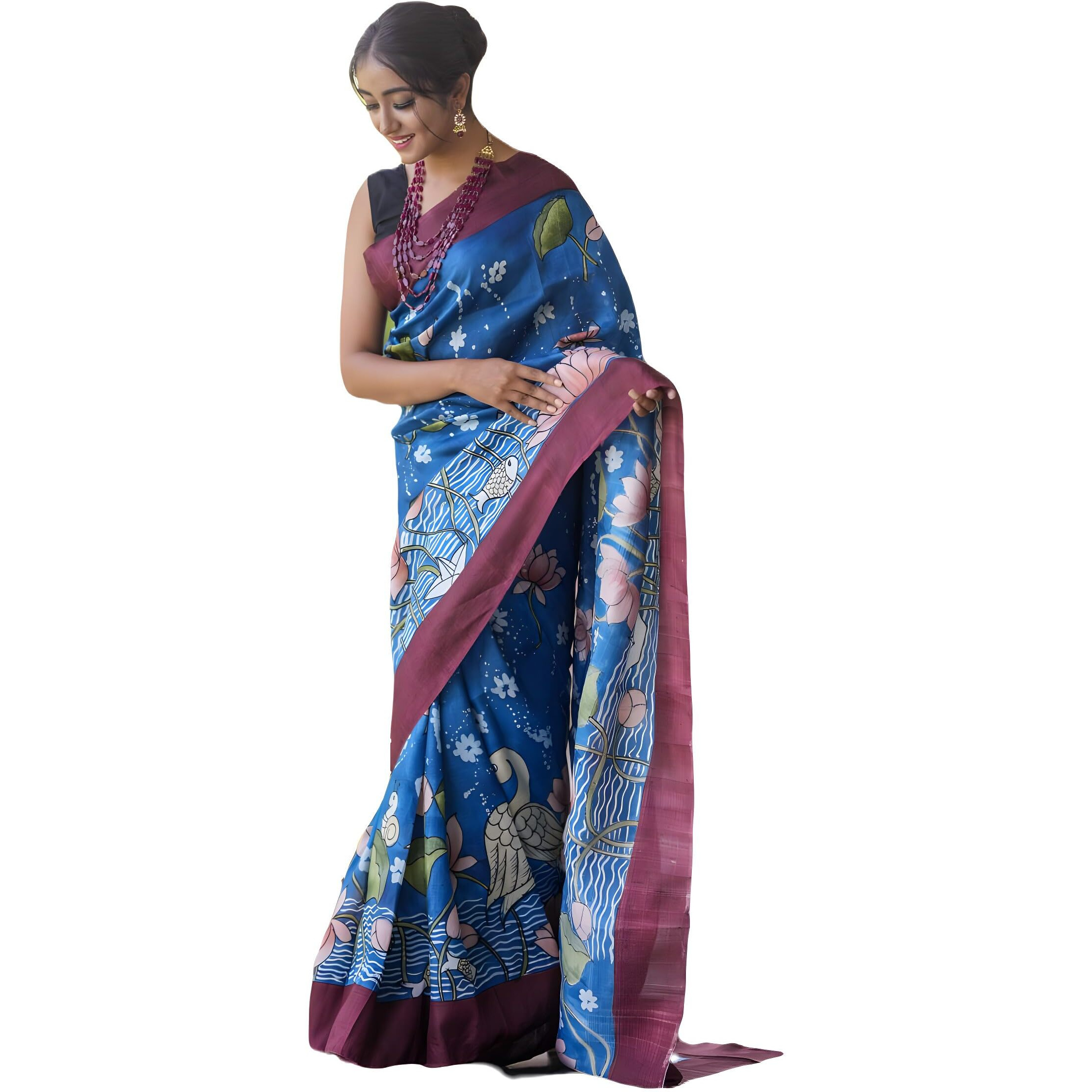 Sidhidata Womens Printed Linen Cotton Saree With Unstitched Blouse Piece (ST Hans Blue_Blue_Free Size)
