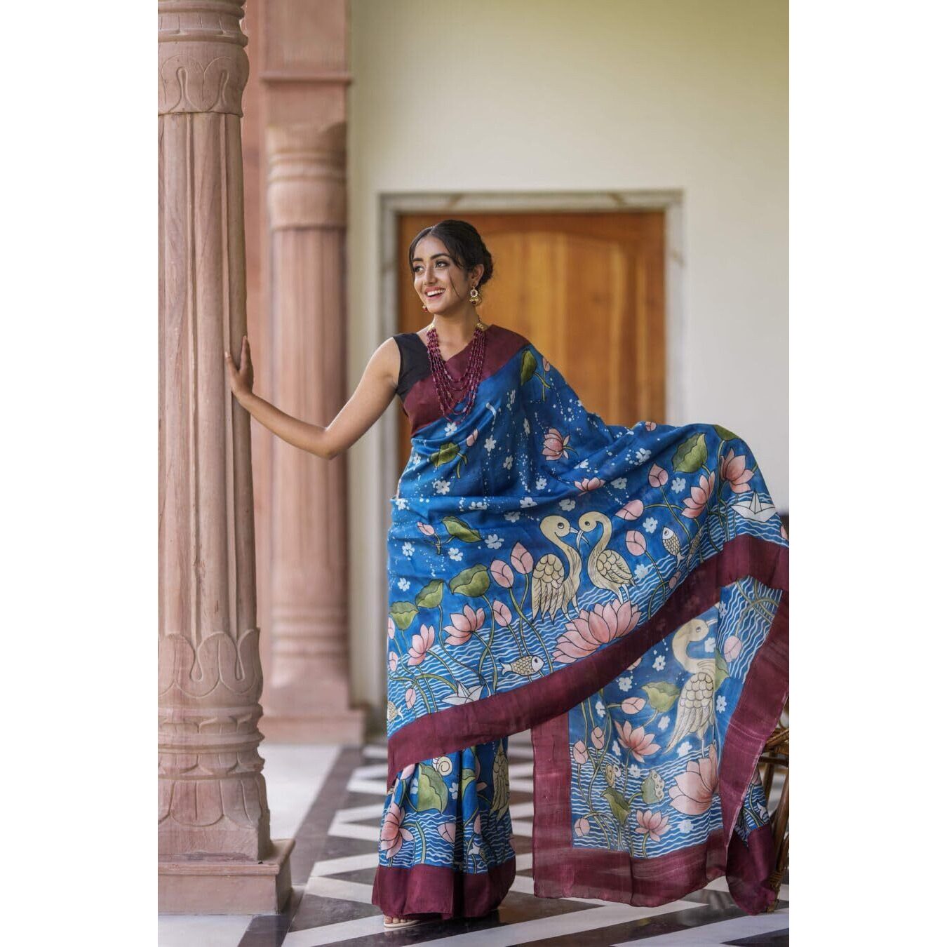 Sidhidata Womens Printed Linen Cotton Saree With Unstitched Blouse Piece (ST Hans Blue_Blue_Free Size)
