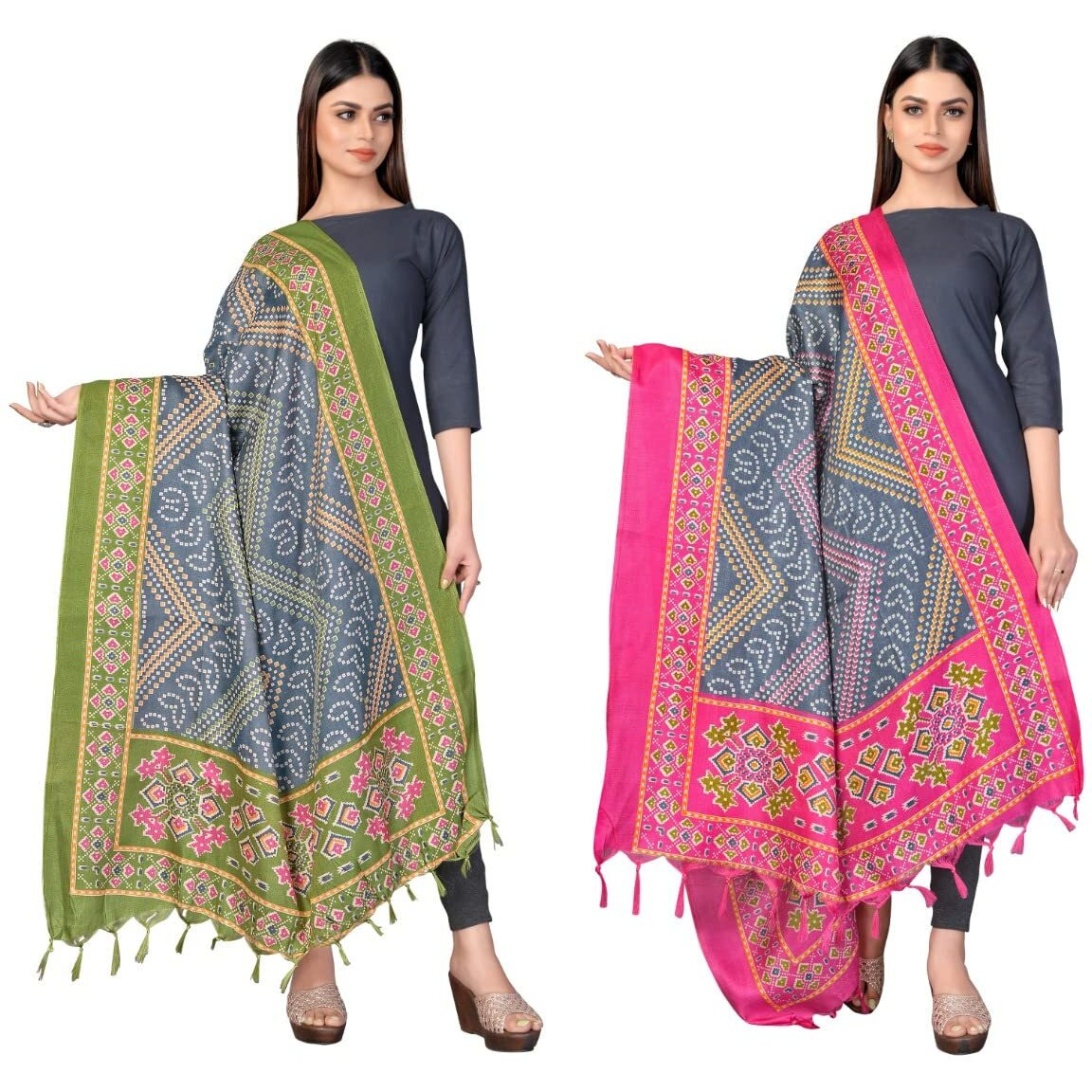 Sidhidata Womens Pack of 2 Printed Khadi Cotton Silk Dupatta With Tassels (2.25 Mtr_MultiColour)