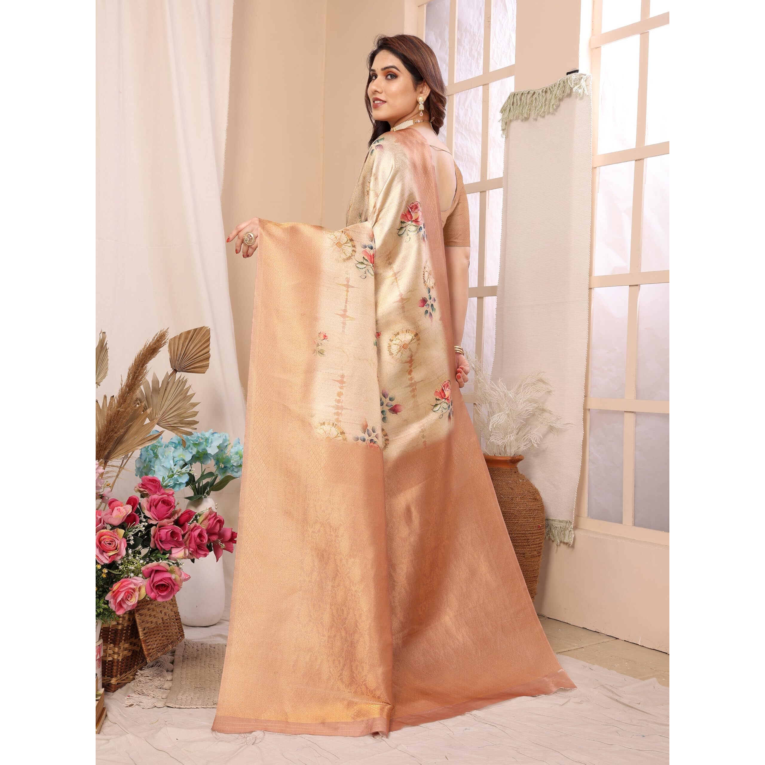 Sidhidata Womens Kanjivaram Banarasi Softy Soft Silk Saree With Unstitched Blouse Piece (Softy Chakri Cream_Cream_Free Size)