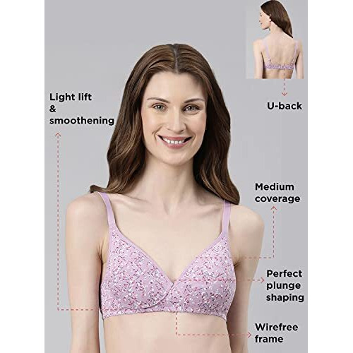 Enamor Womens Cotton Wire Free Casual T-Shirt Padded Non Wired Bra (A039_Lilac Aster_32D)