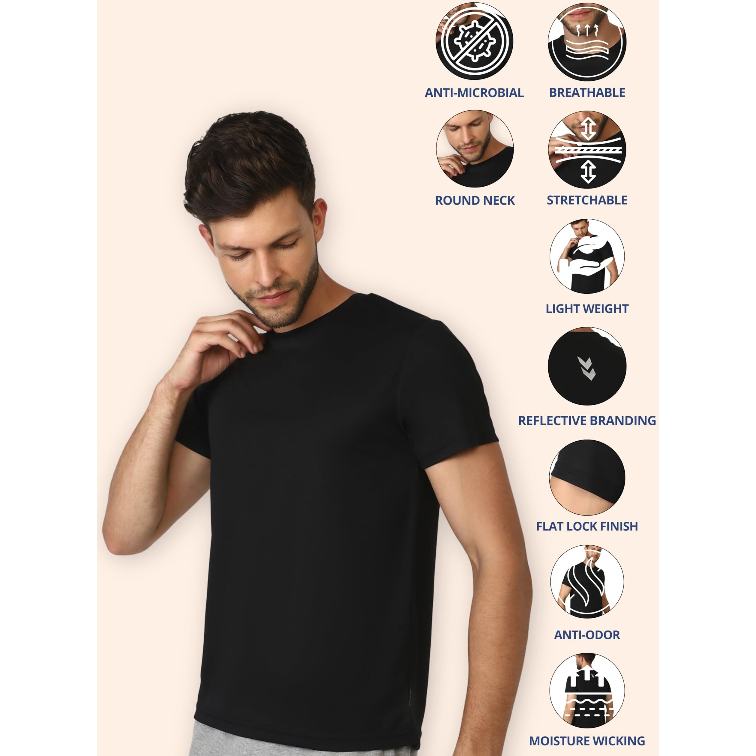 hummel Budoc Round Neck Half Sleeve Solid Regular fit Polyester T-shirt for Men Comfortable Breathable Fabric Stretchable for Everyday Use Ideal for Yoga Training Gym Running or Performance Black