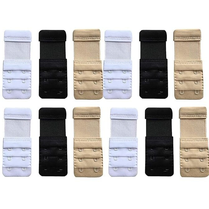 Bureaucrat Elastic Bra Hook Extender-(2 Hook/3 Eye & 3 Hook/3 Eye) with Extra Elastic- Increase Band Length-Bra Hook Extender Combo for Women (2 Hooks - Pack of 12-White/Skin/Black)