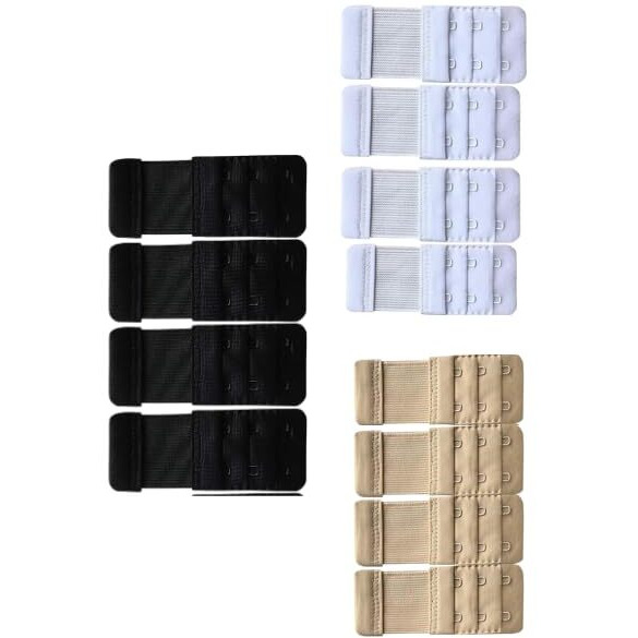 Bureaucrat Elastic Bra Hook Extender-(2 Hook/3 Eye & 3 Hook/3 Eye) with Extra Elastic- Increase Band Length-Bra Hook Extender Combo for Women (2 Hooks - Pack of 12-White/Skin/Black)