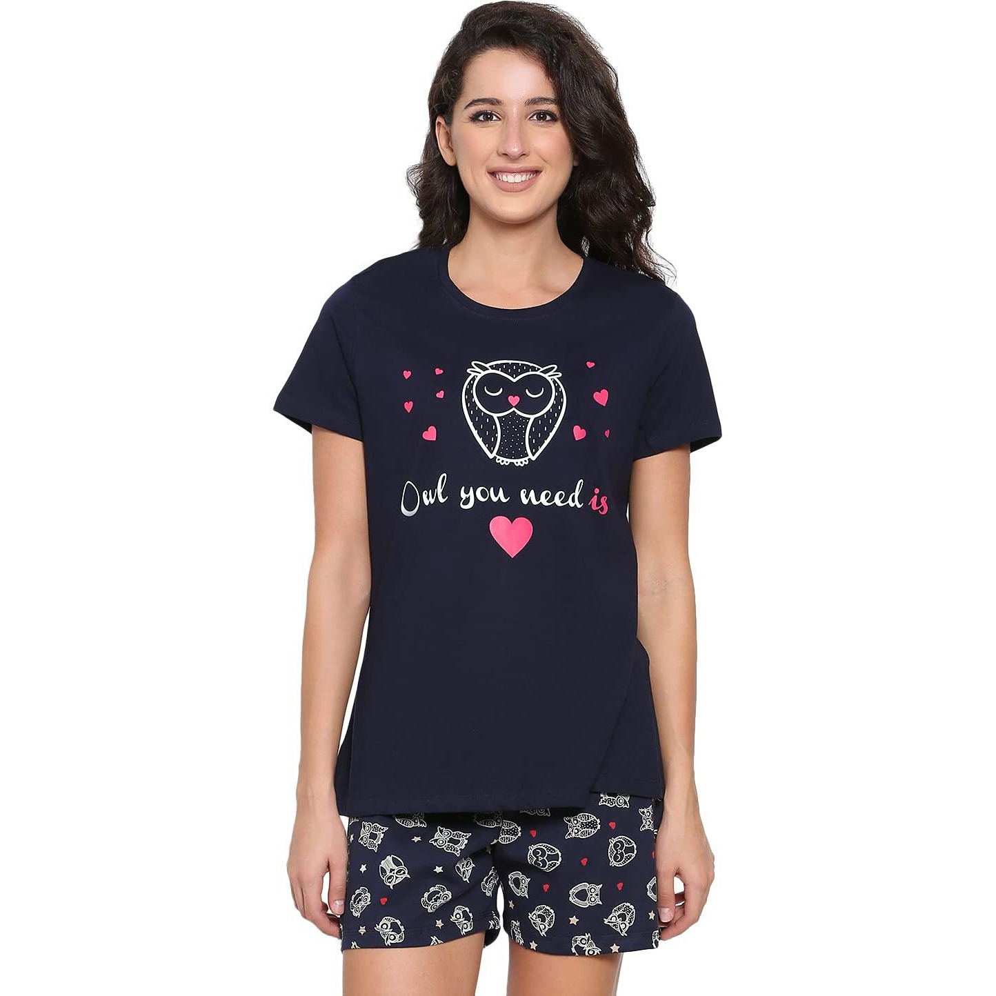 Real Basics Pajamas Womens Cotton Printed Pyjama Set (Shorts & Top) (Rb-W-Shortset-Xxl-P1-Navyowl_Navy_Xx-Large)