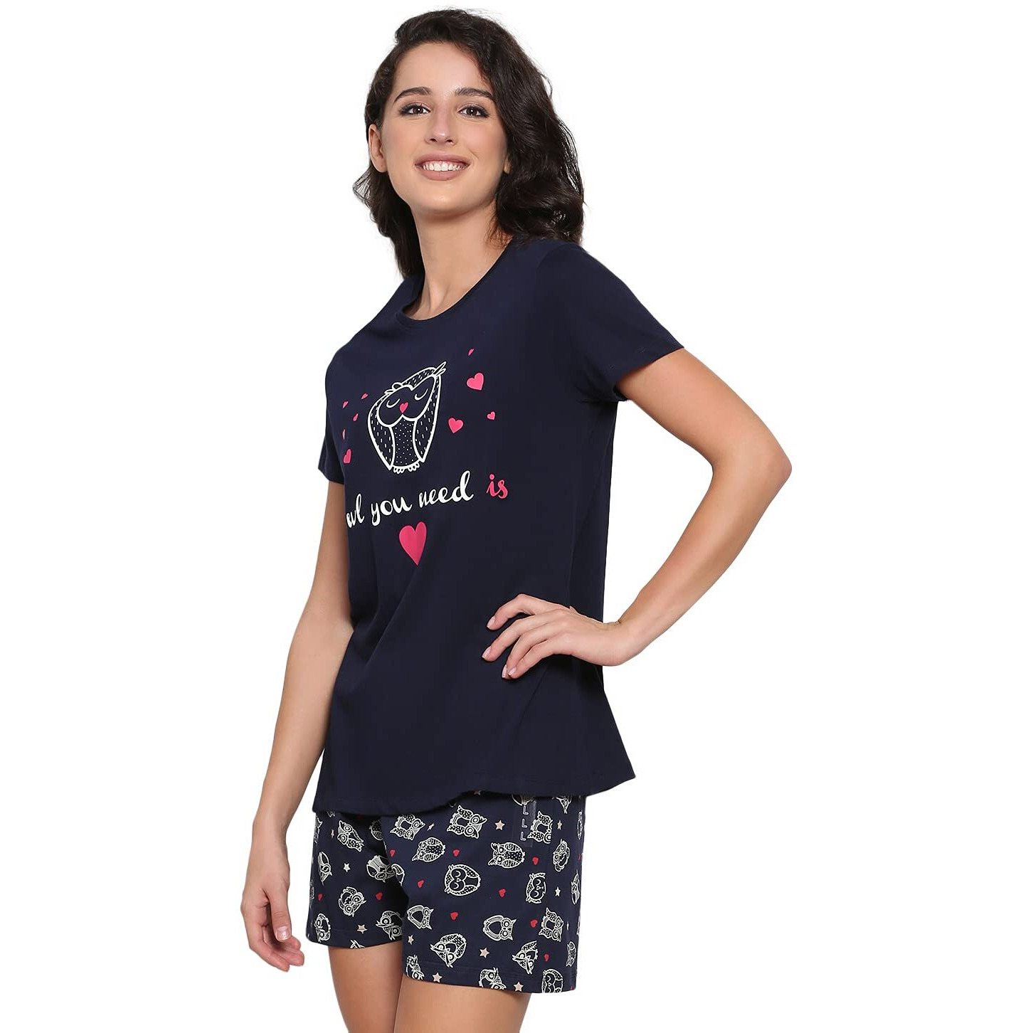 Real Basics Pajamas Womens Cotton Printed Pyjama Set (Shorts & Top) (Rb-W-Shortset-Xxl-P1-Navyowl_Navy_Xx-Large)