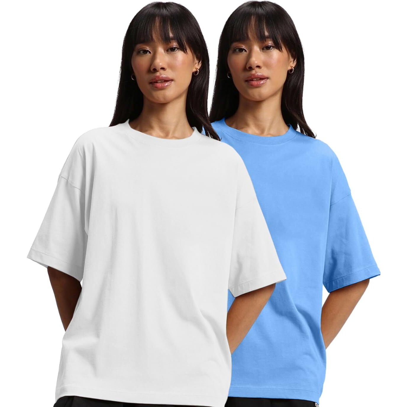 JUNEBERRY Pure Cotton Drop Shoulder Oversized Baggy Fit Half Sleeve Plain Solid Round Neck Multicolor T-Shirt for Women & Girls (Pack of 2) (PO2_OS_JB_AB_WT_M)
