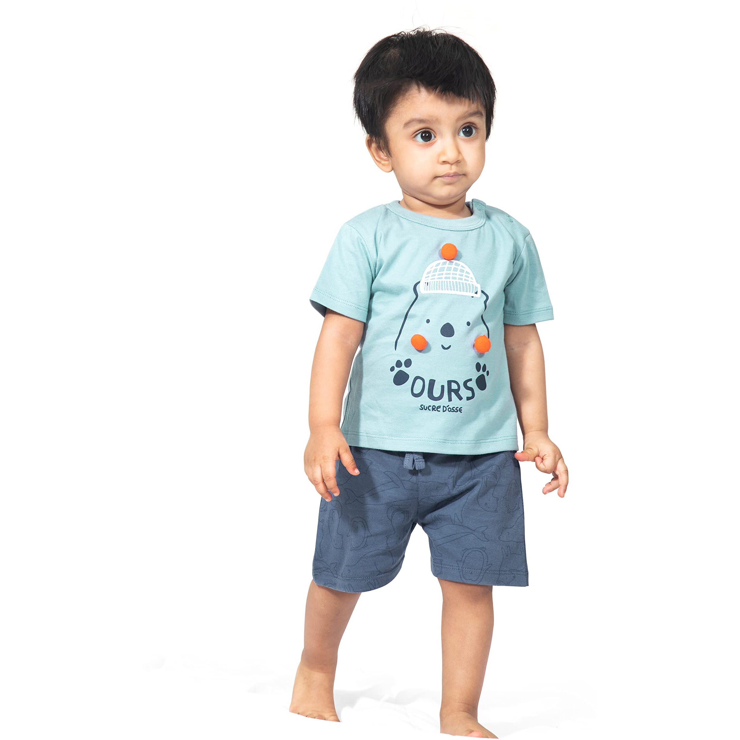 ARIEL Baby Boys & Baby girls Cotton Printed Round Neck Half Sleeve T-shirt & Short Trendy Summer Clothing Sets(AR-BHALFSS-1218-Org-pp-ours_Multicolor_12 Months - 18 Months)
