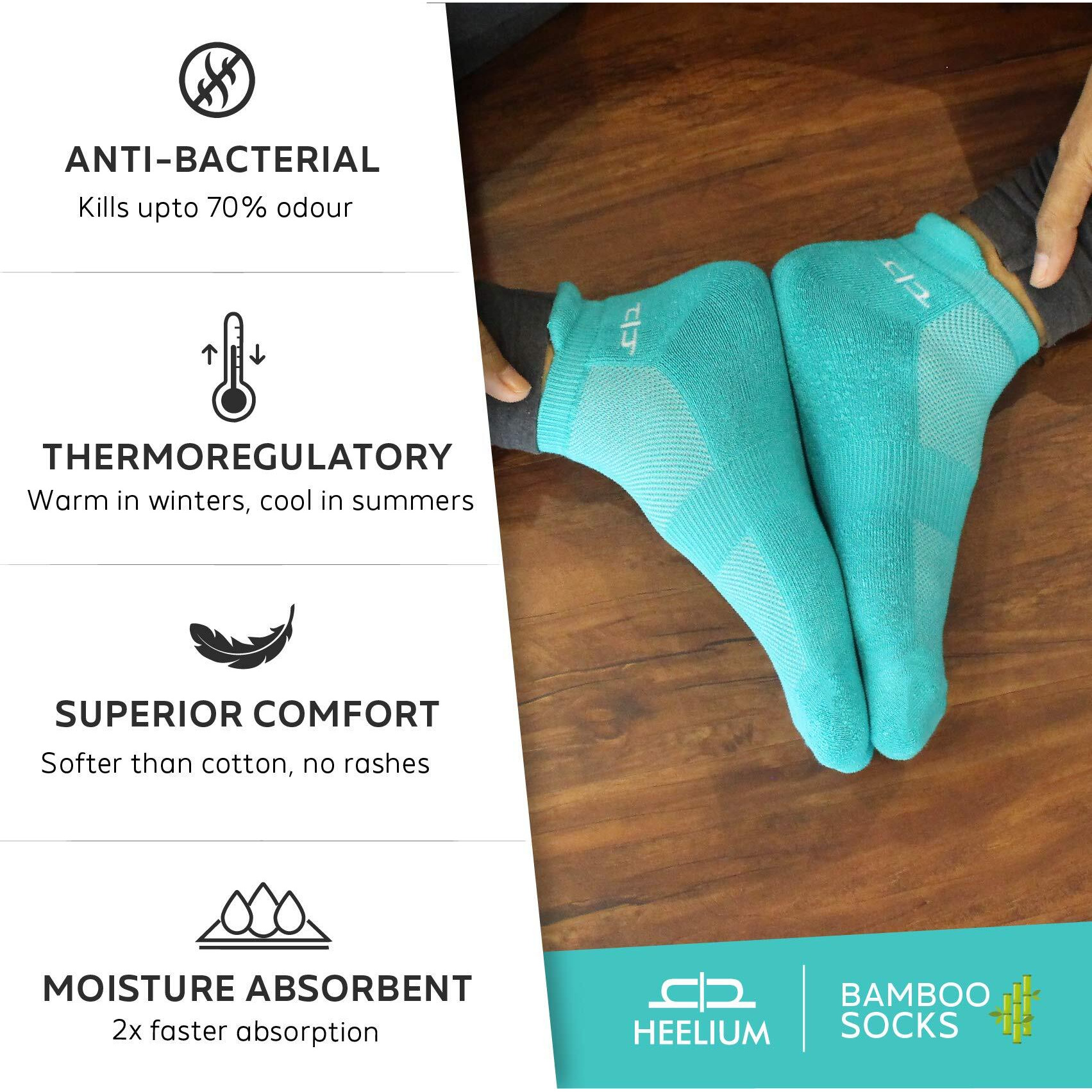 HEELIUM Bamboo Socks for Women Ankle Length Anti-Odour & Breathable Padded Base & Anti-bacterial Softer than Cotton Made in India