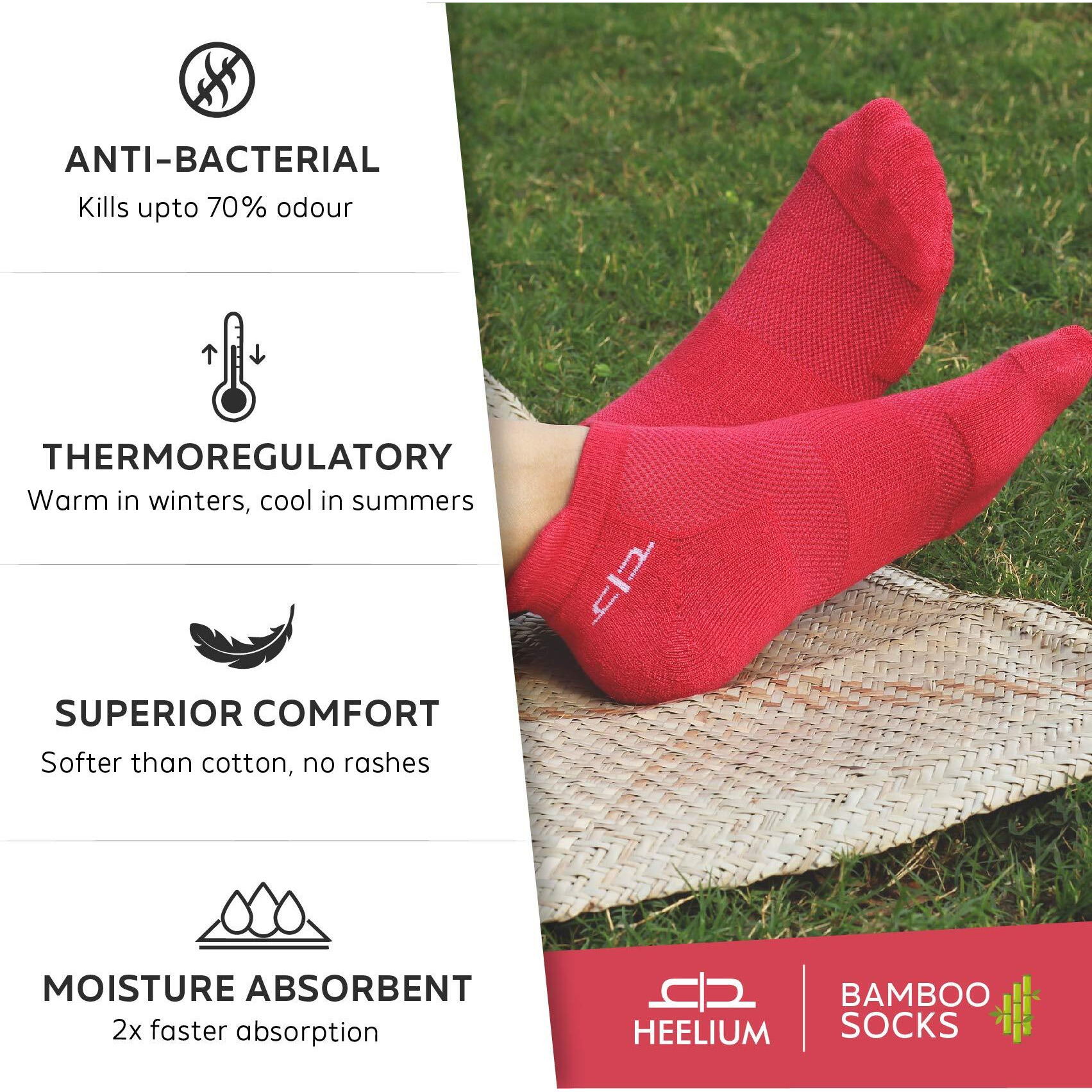HEELIUM Bamboo Socks for Women Ankle Length Anti-Odour & Breathable Padded Base & Anti-bacterial Softer than Cotton Made in India