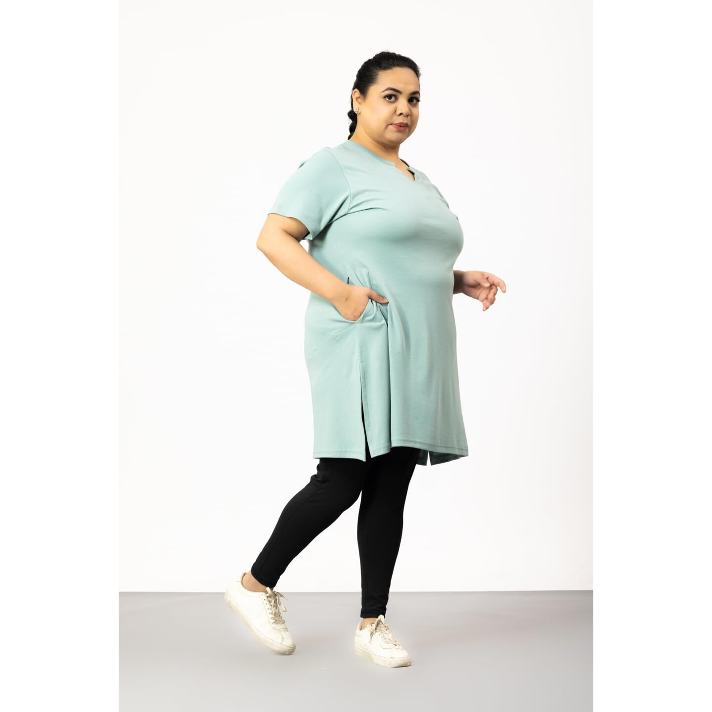 CUPID Womens Cotton Plus Size Plain Half Sleeves Long Top for Summer and Semi Summers with One Side Pocket for Ladies Solid T Shirt_Sage_6XL