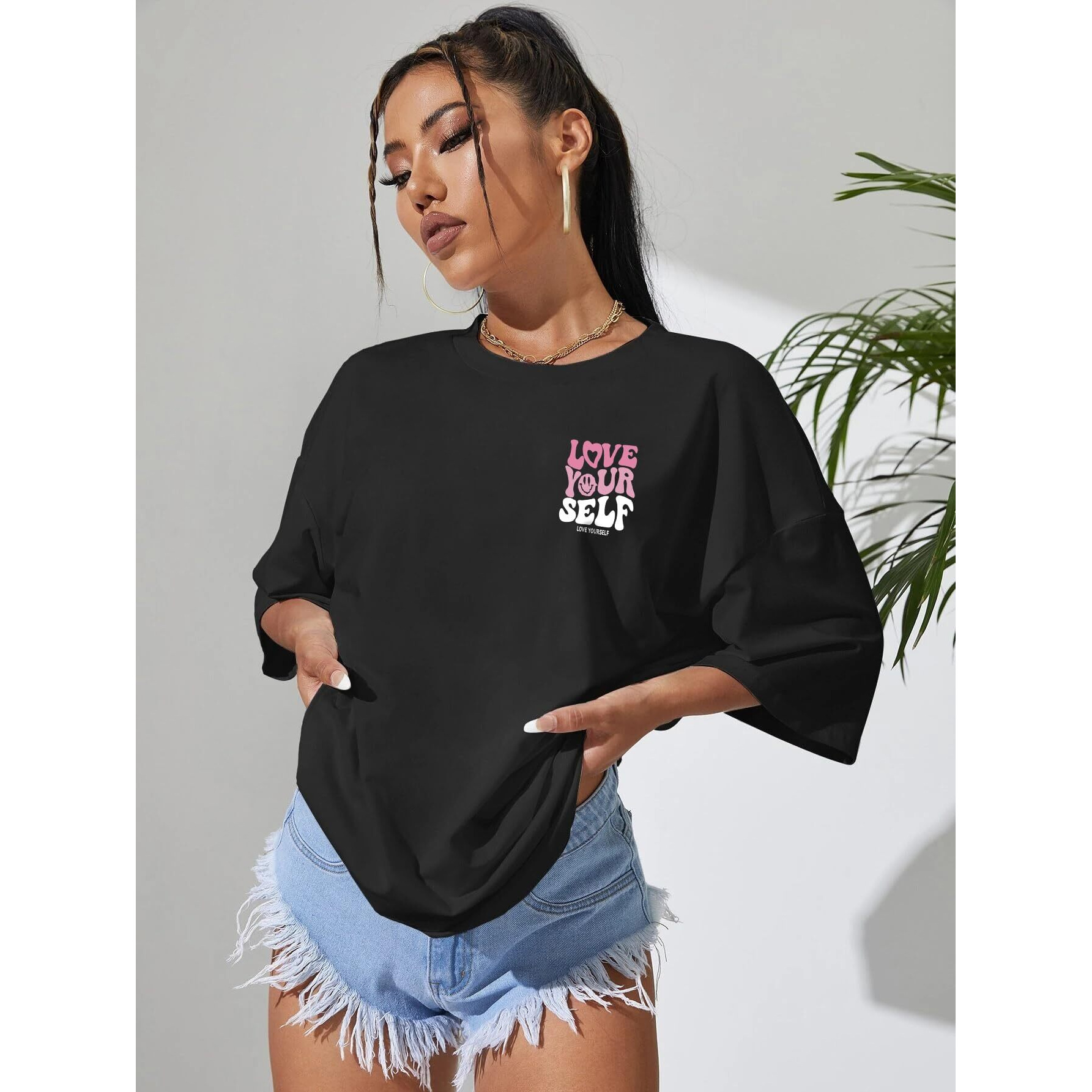 DENIMHOLIC Cotton Half Sleeve Printed Oversized t Shirts for Women Loose t Shirts for Women Baggy t Shirt for Women Graphic Tshirt for Women Oversize (XX-Large Dark Black)