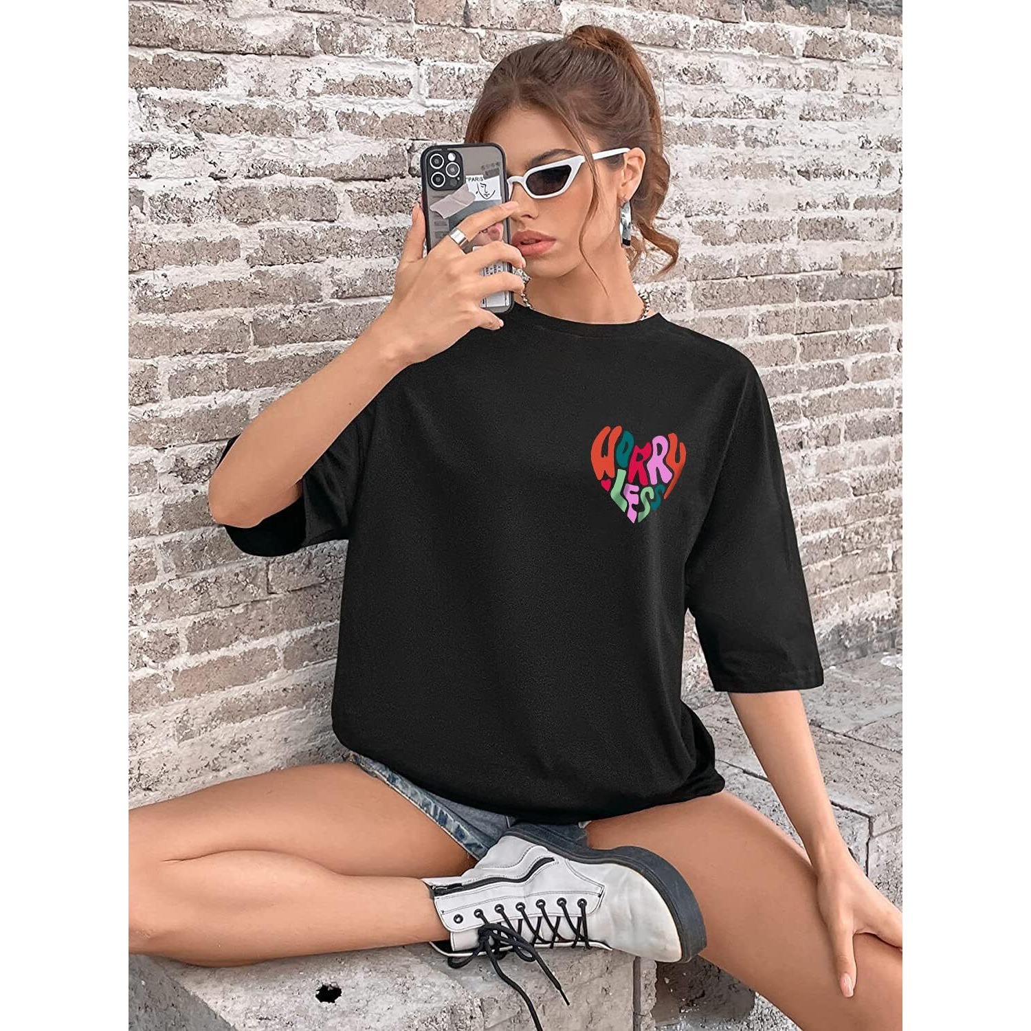 DENIMHOLIC Cotton Half Sleeve Printed Oversized t Shirts for Women Loose t Shirts for Women Baggy t Shirt for Women Graphic Tshirt for Women Oversize (X-Large Black)
