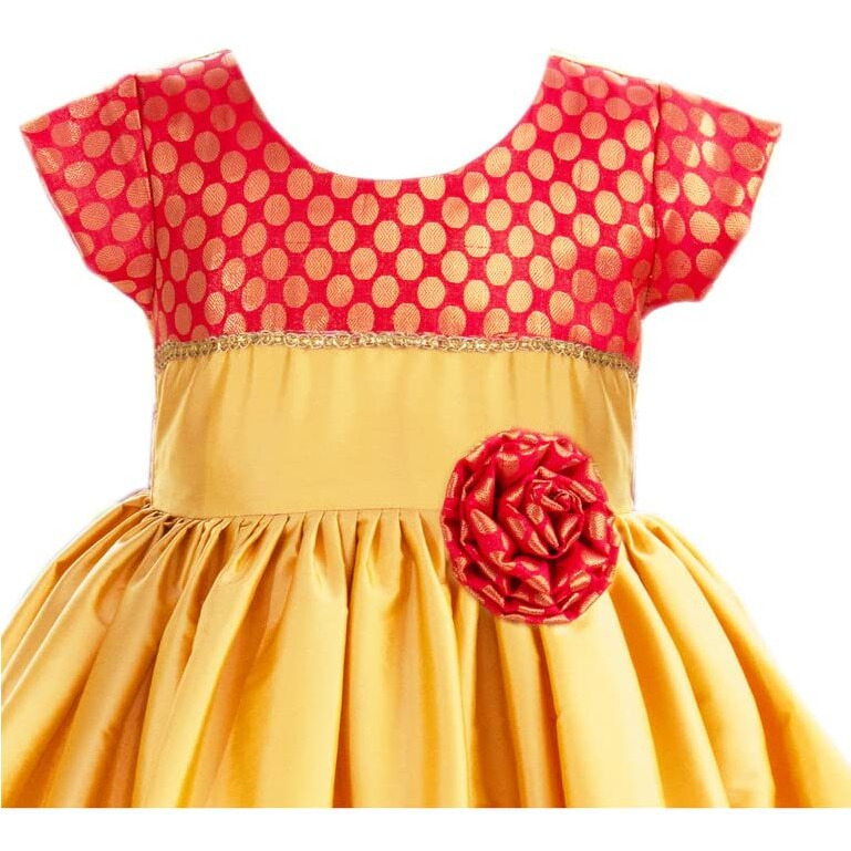 Stanwells Kids Baby Girls Frocks Knee Length Birthday Ruffle Pattern Cap Sleeve Traditional Embroidery Western Frock Princess Birthday Dress for Girls (Golden Yellow 3-6 Months)