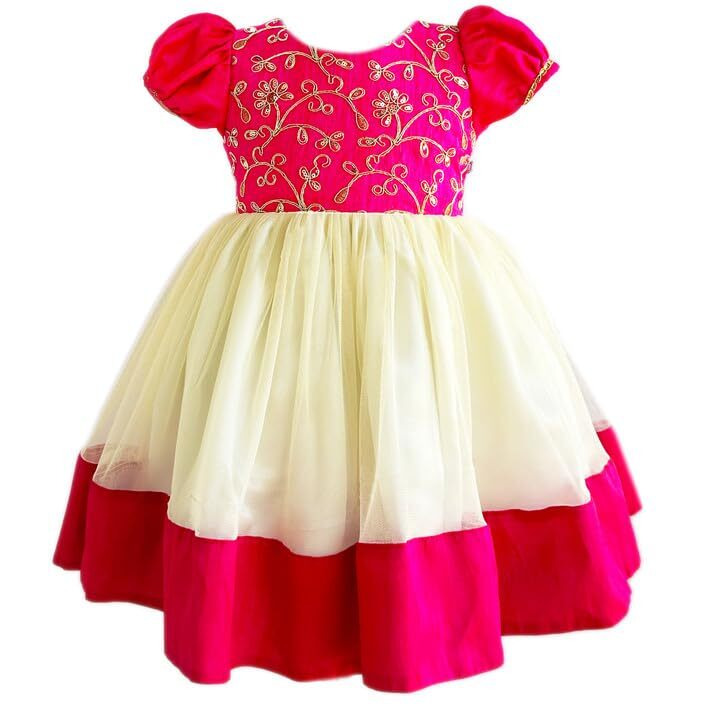 Stanwells Kids Baby Girls Frocks Knee Length Birthday Net Flared Ruffle Pattern Puff Sleeve Traditional Embroidery Western Frock Princess Birthday Dress for Girls (Pink 6-12 Months)