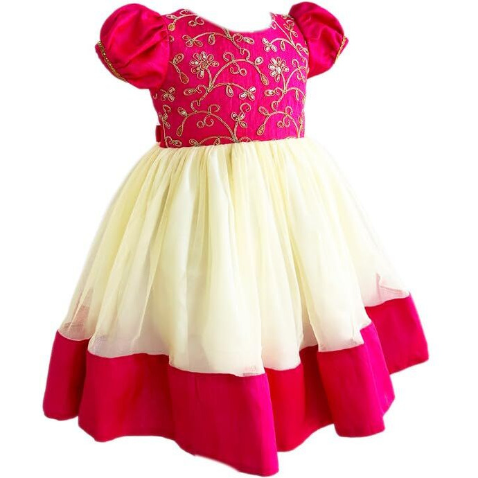 Stanwells Kids Baby Girls Frocks Knee Length Birthday Net Flared Ruffle Pattern Puff Sleeve Traditional Embroidery Western Frock Princess Birthday Dress for Girls (Pink 6-12 Months)