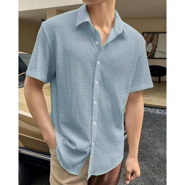 IndoPrimo Mens Regular Fit Self Design Spread Collar Casual Half Sleeve Shirt - Pop (Small Sky)
