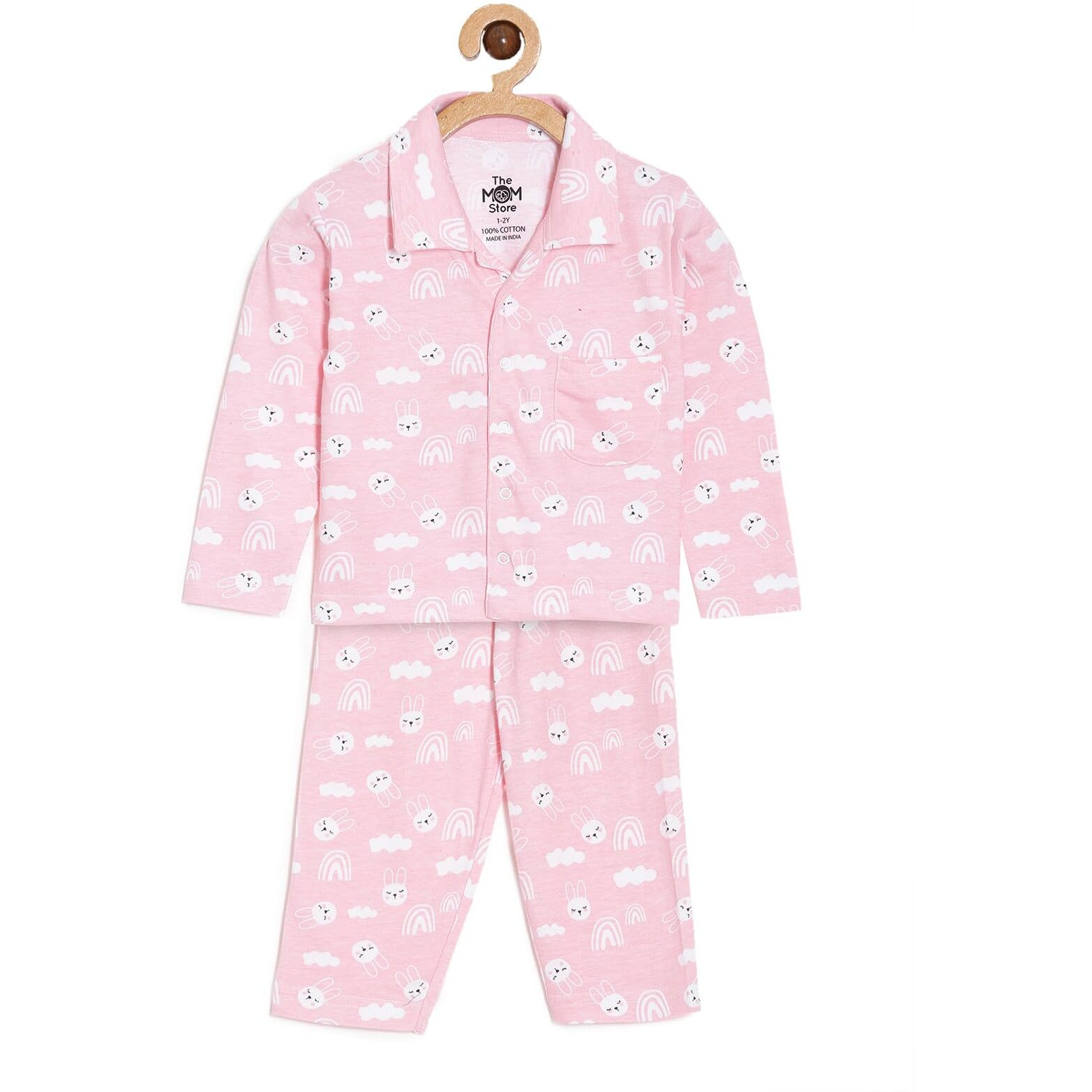 The Mom Store Baby Pajama Set | 100% Cotton | Nightwear | Sleepwear for Newborn and for Infant | Soft | Comfortable | Cutey Bunny Print | for Boys and Girls| 3-4 Years |Pink |