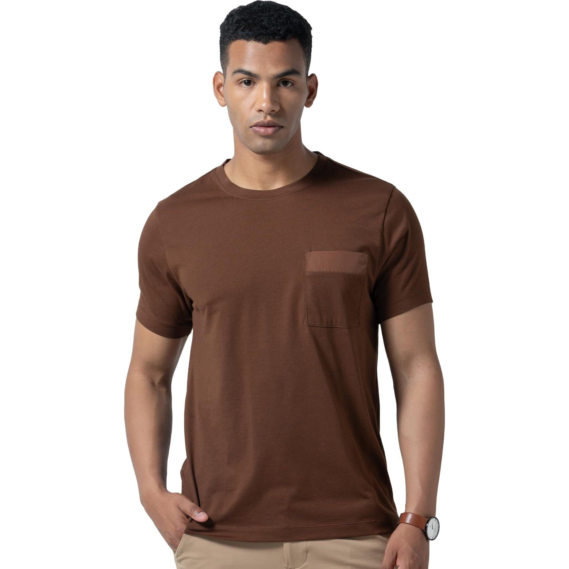 DAMENSCH Regular Fit Half Sleeve Premium Cotton Blend Solid Patch Pocket Lightweight Durable Casual Wear Lounge Wear Elemental Tshirt with Pocket for Men-Copper brown-XXL
